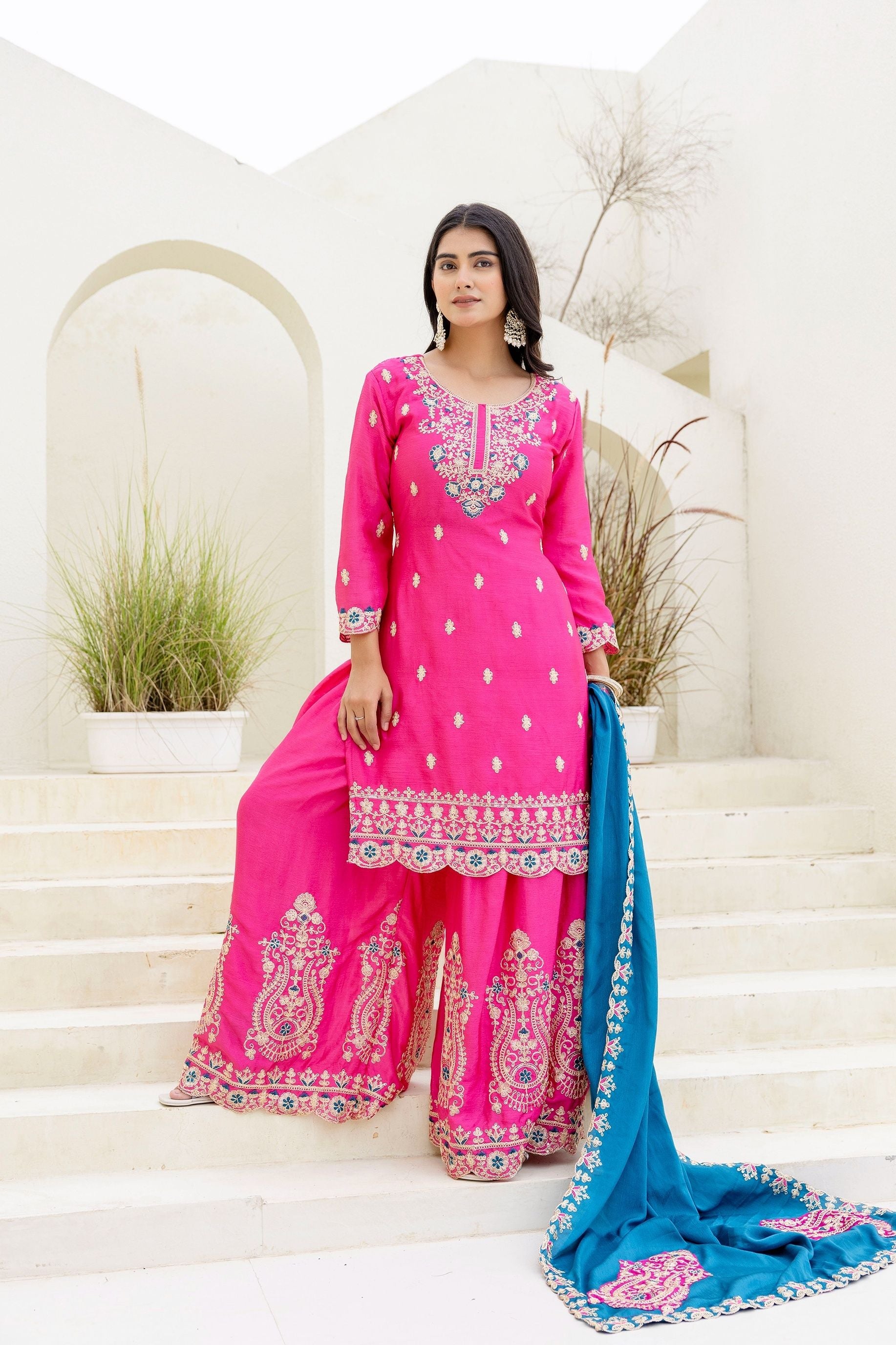 Fablous Rani Embroidered Sequence Designer Salwar Suit With Contrast Blue Dupatta