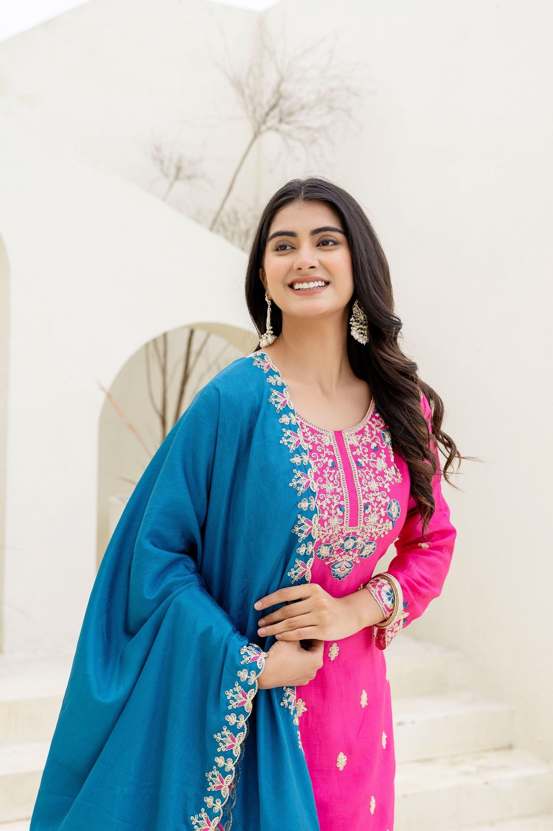 Fablous Rani Embroidered Sequence Designer Salwar Suit With Contrast Blue Dupatta