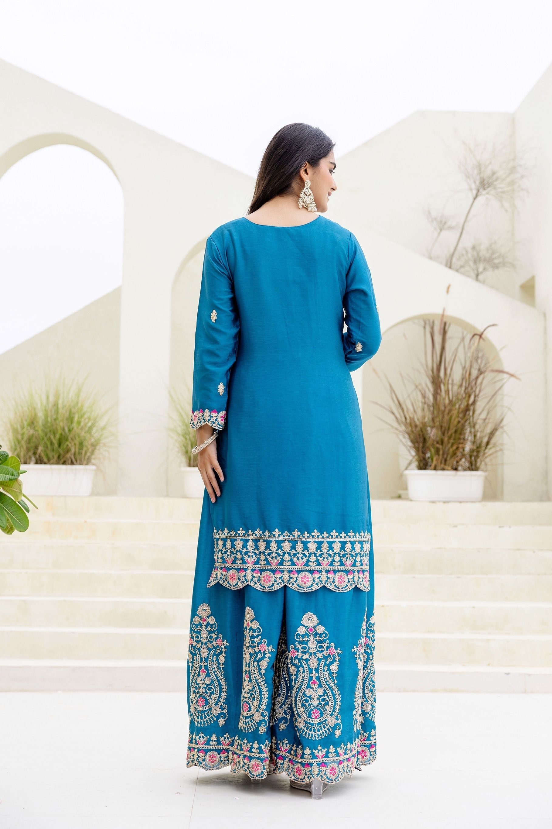 Enchanting Teal Blue Embroidered Sequence Designer Salwar Suit With Lace Border Pink Dupatta