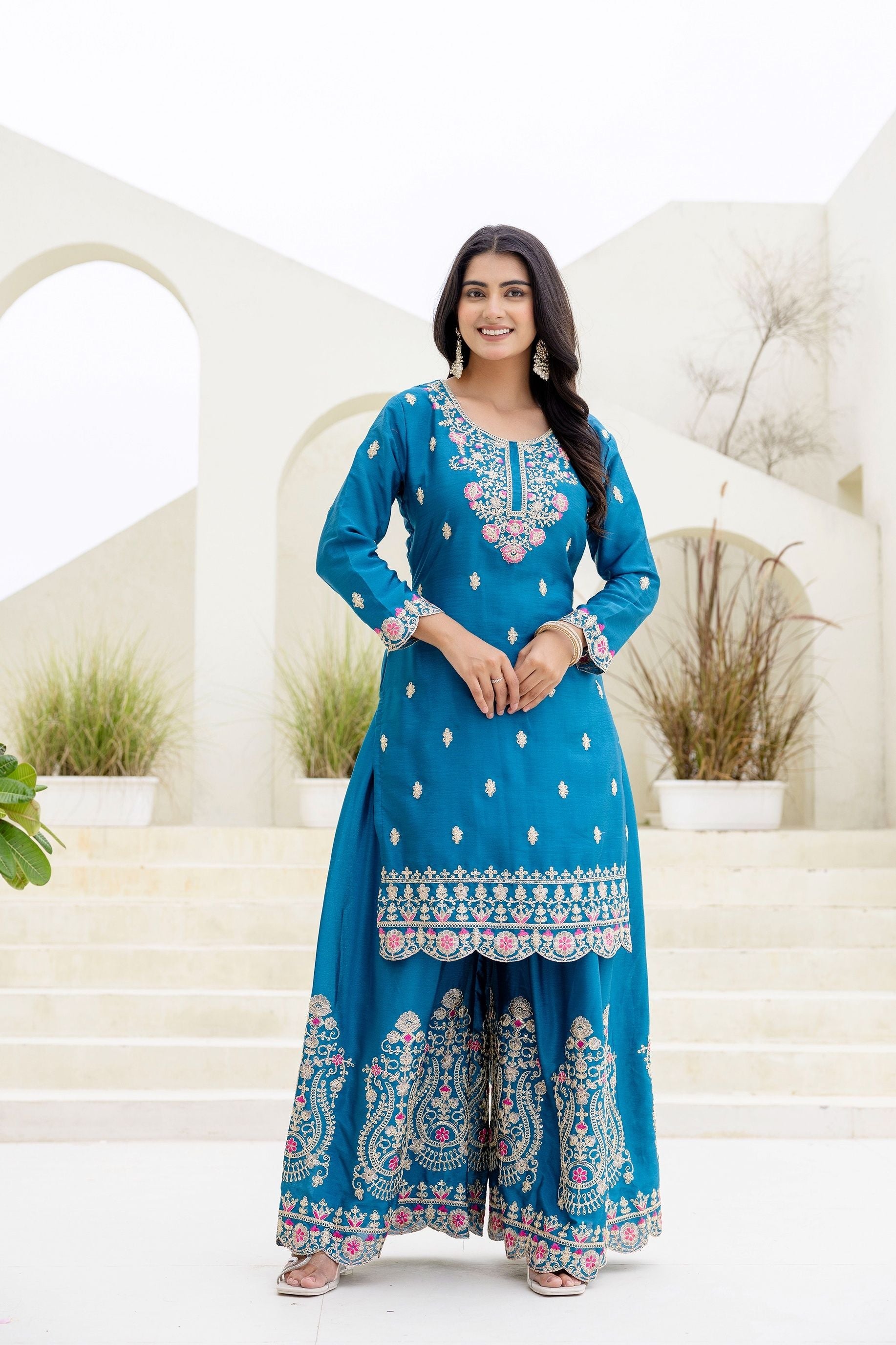 Enchanting Teal Blue Embroidered Sequence Designer Salwar Suit With Lace Border Pink Dupatta