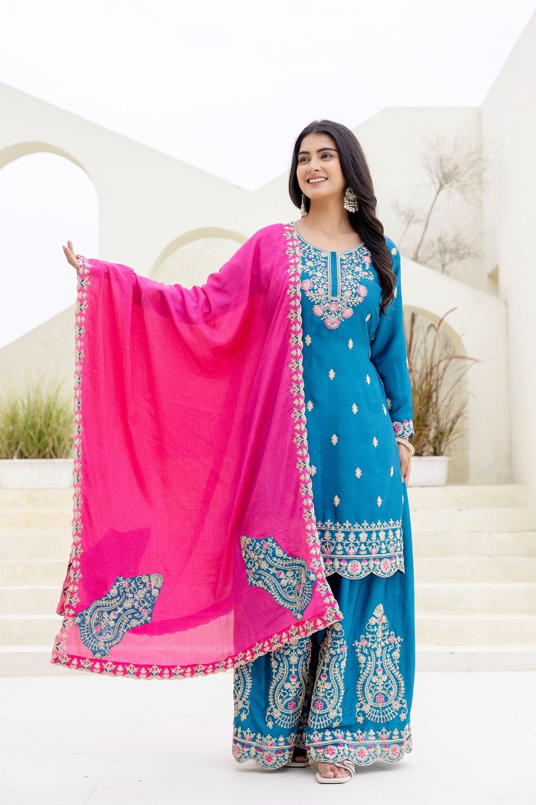 Enchanting Teal Blue Embroidered Sequence Designer Salwar Suit With Lace Border Pink Dupatta