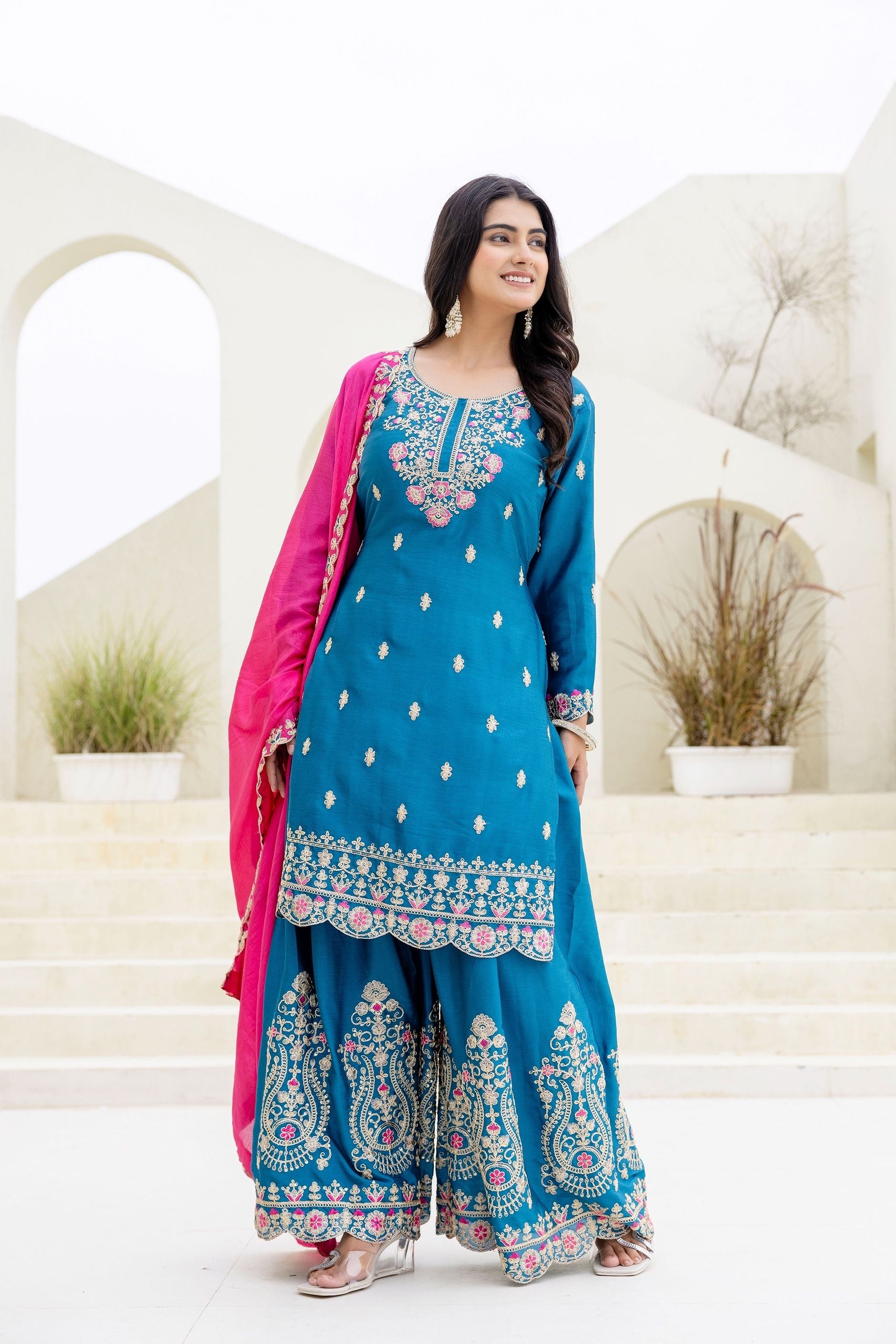 Enchanting Teal Blue Embroidered Sequence Designer Salwar Suit With Lace Border Pink Dupatta