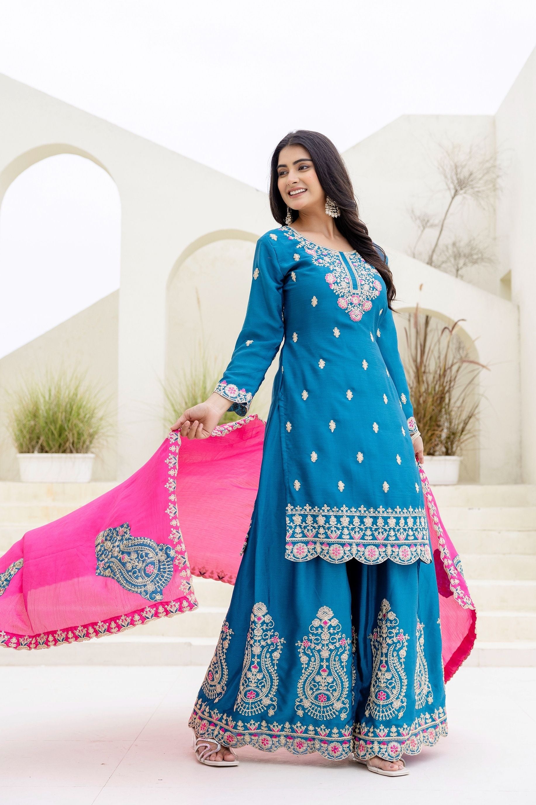 Enchanting Teal Blue Embroidered Sequence Designer Salwar Suit With Lace Border Pink Dupatta