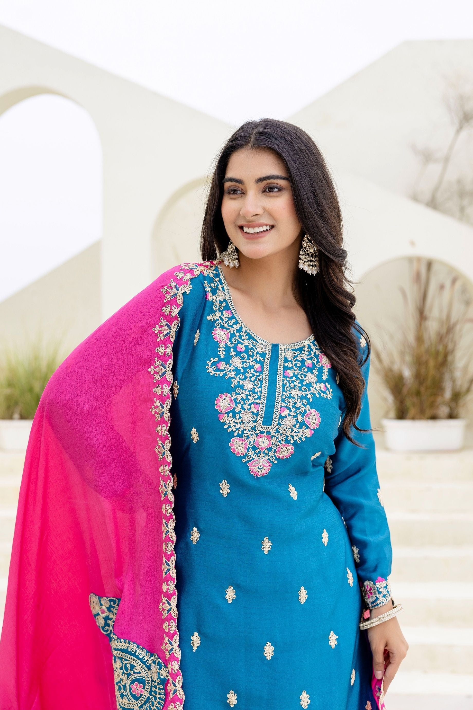 Enchanting Teal Blue Embroidered Sequence Designer Salwar Suit With Lace Border Pink Dupatta