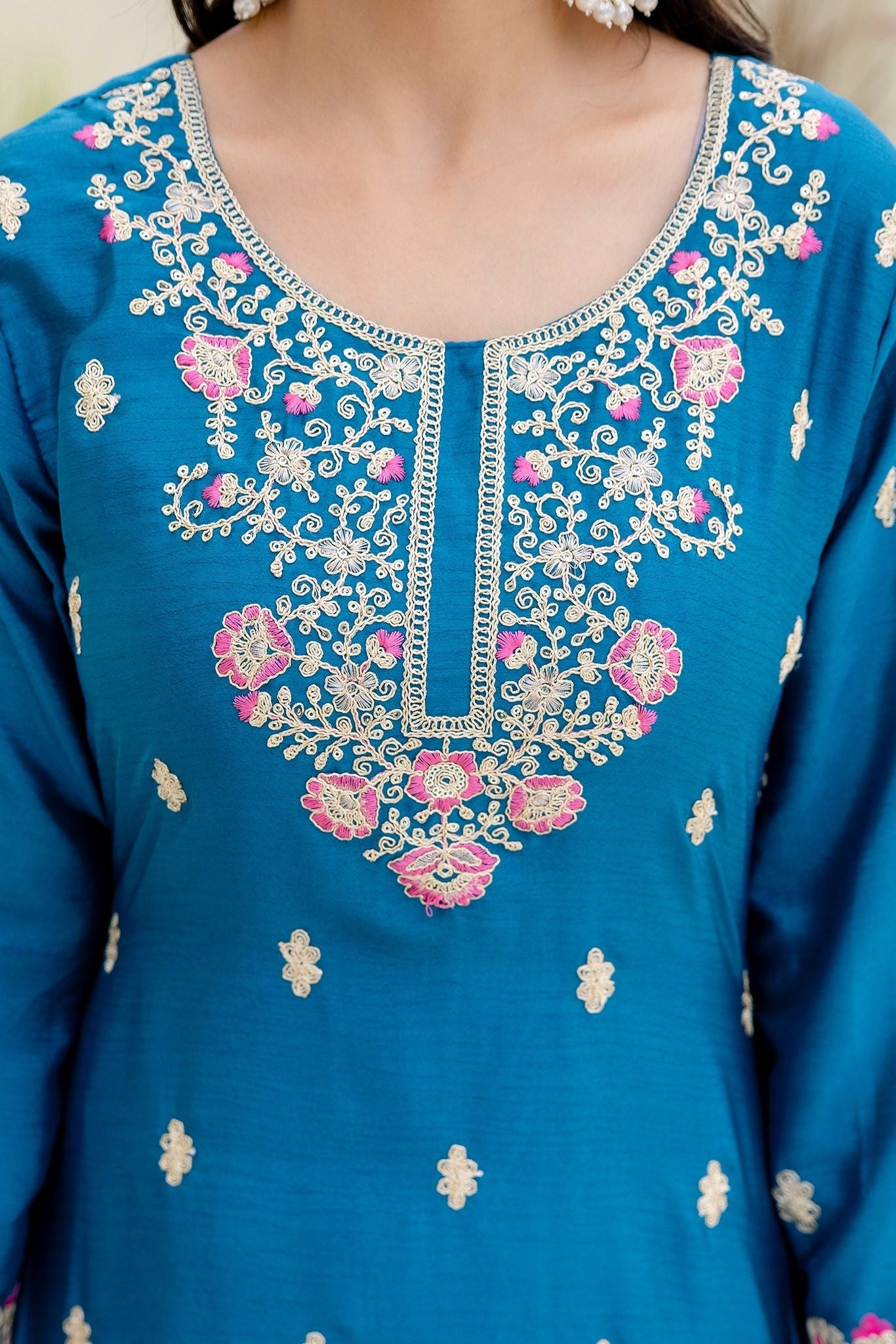 Enchanting Teal Blue Embroidered Sequence Designer Salwar Suit With Lace Border Pink Dupatta