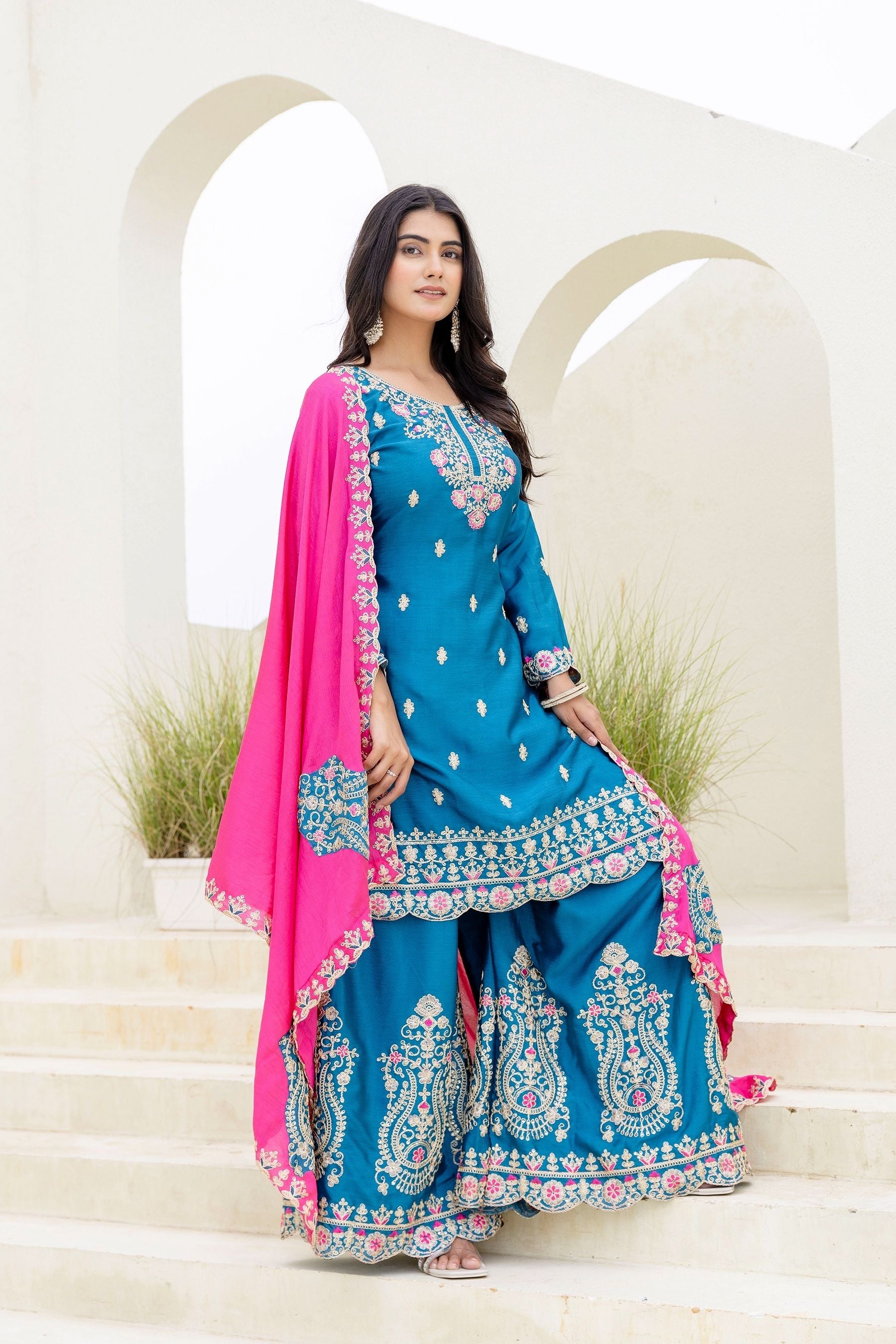 Enchanting Teal Blue Embroidered Sequence Designer Salwar Suit With Lace Border Pink Dupatta