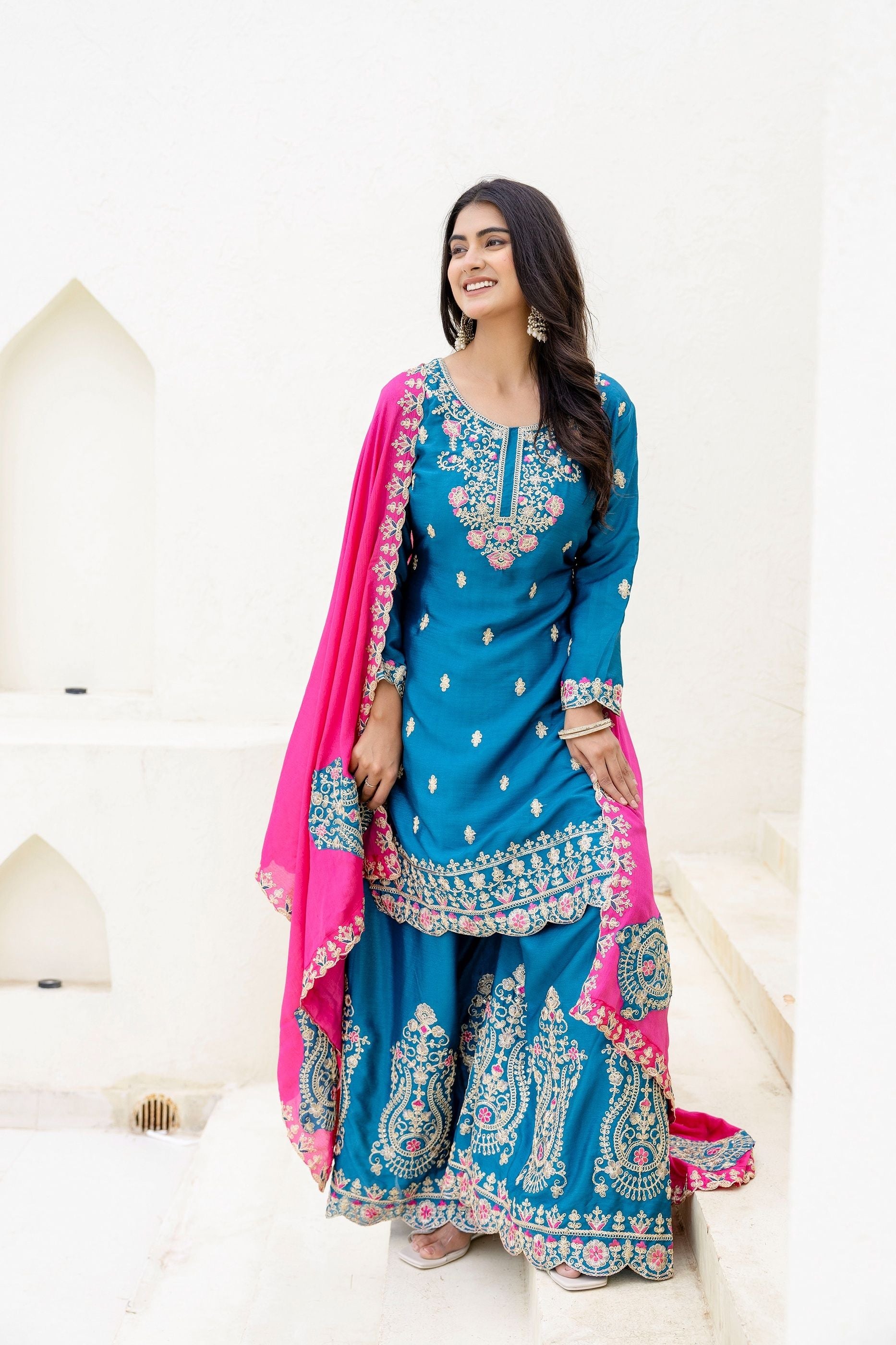 Enchanting Teal Blue Embroidered Sequence Designer Salwar Suit With Lace Border Pink Dupatta