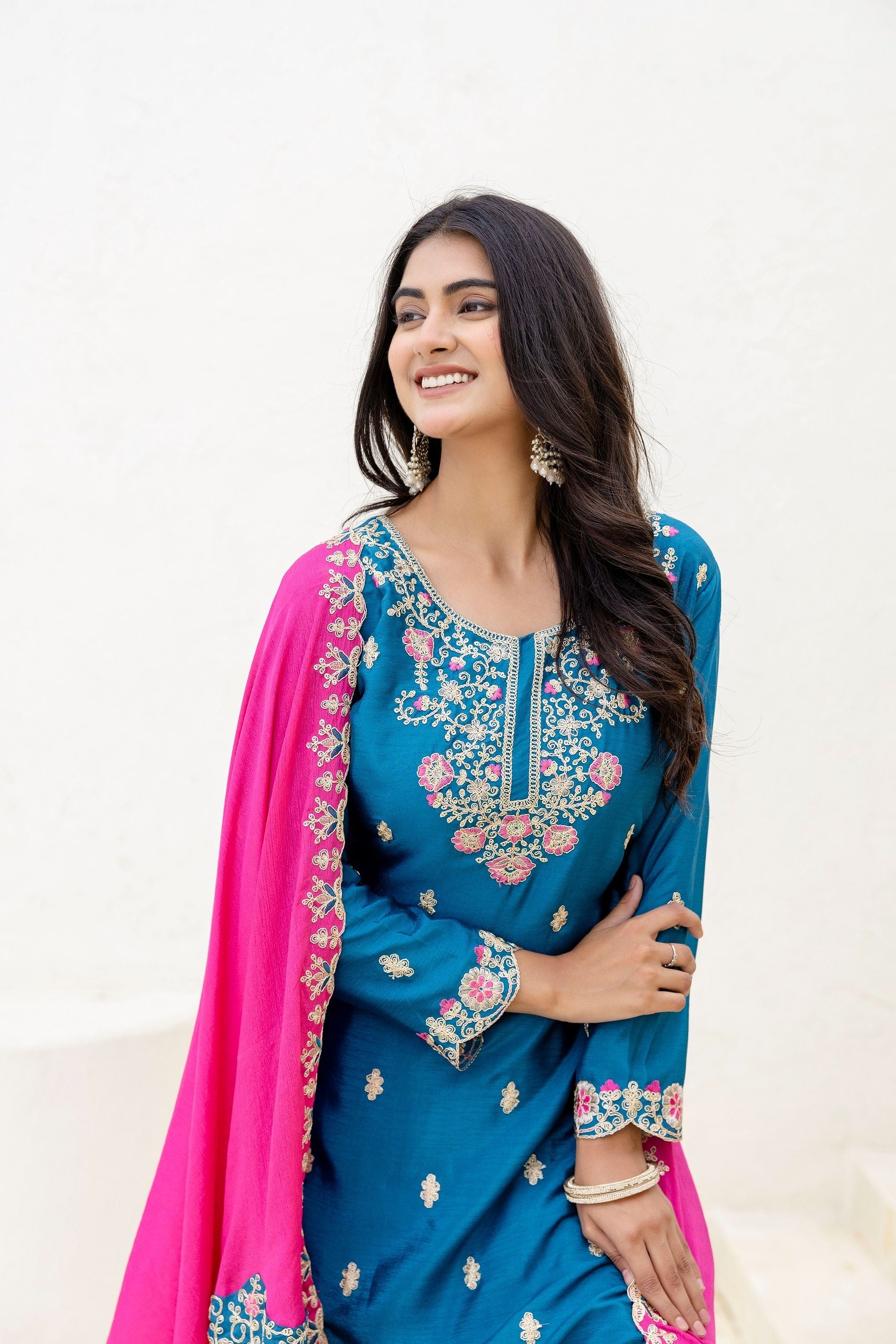 Enchanting Teal Blue Embroidered Sequence Designer Salwar Suit With Lace Border Pink Dupatta