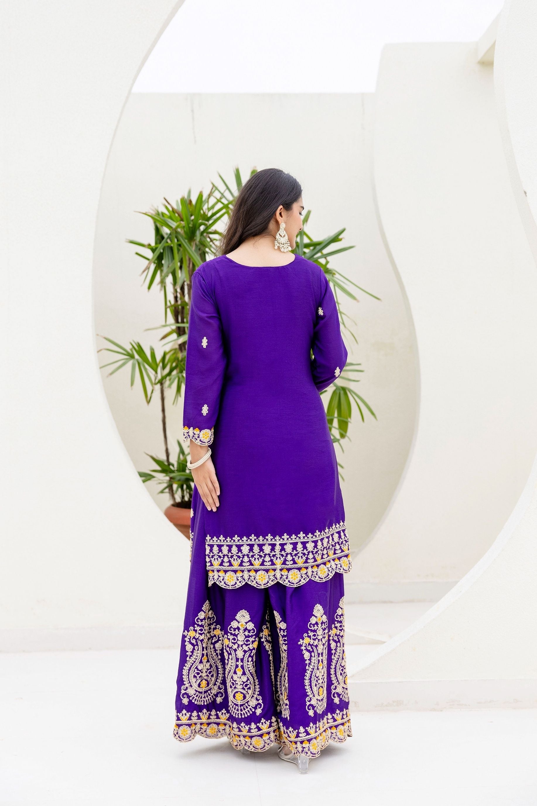 Incredible Royal Purple Embroidered Sequence Designer Salwar Suit With Amazing Mustard Dupatta