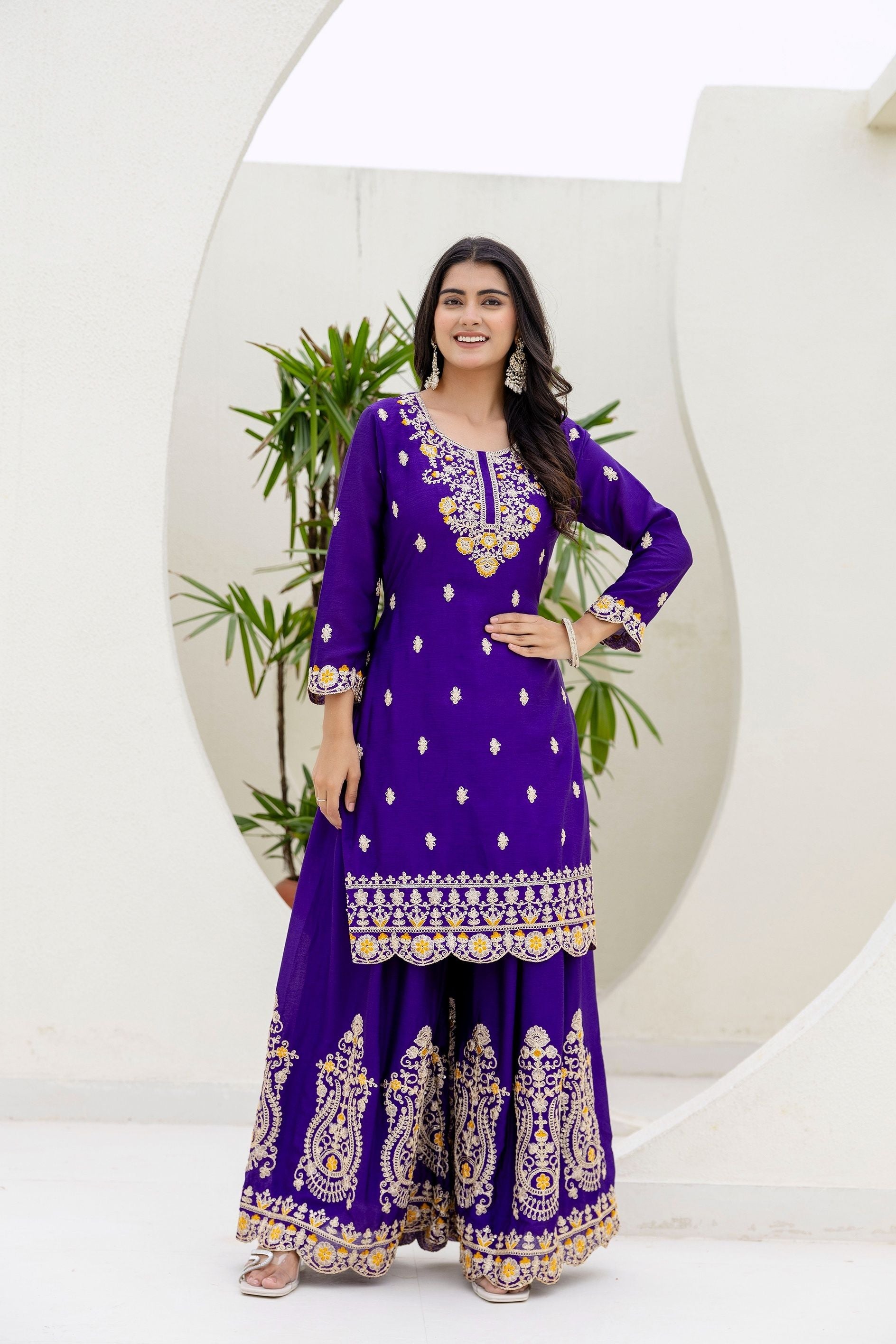 Incredible Royal Purple Embroidered Sequence Designer Salwar Suit With Amazing Mustard Dupatta