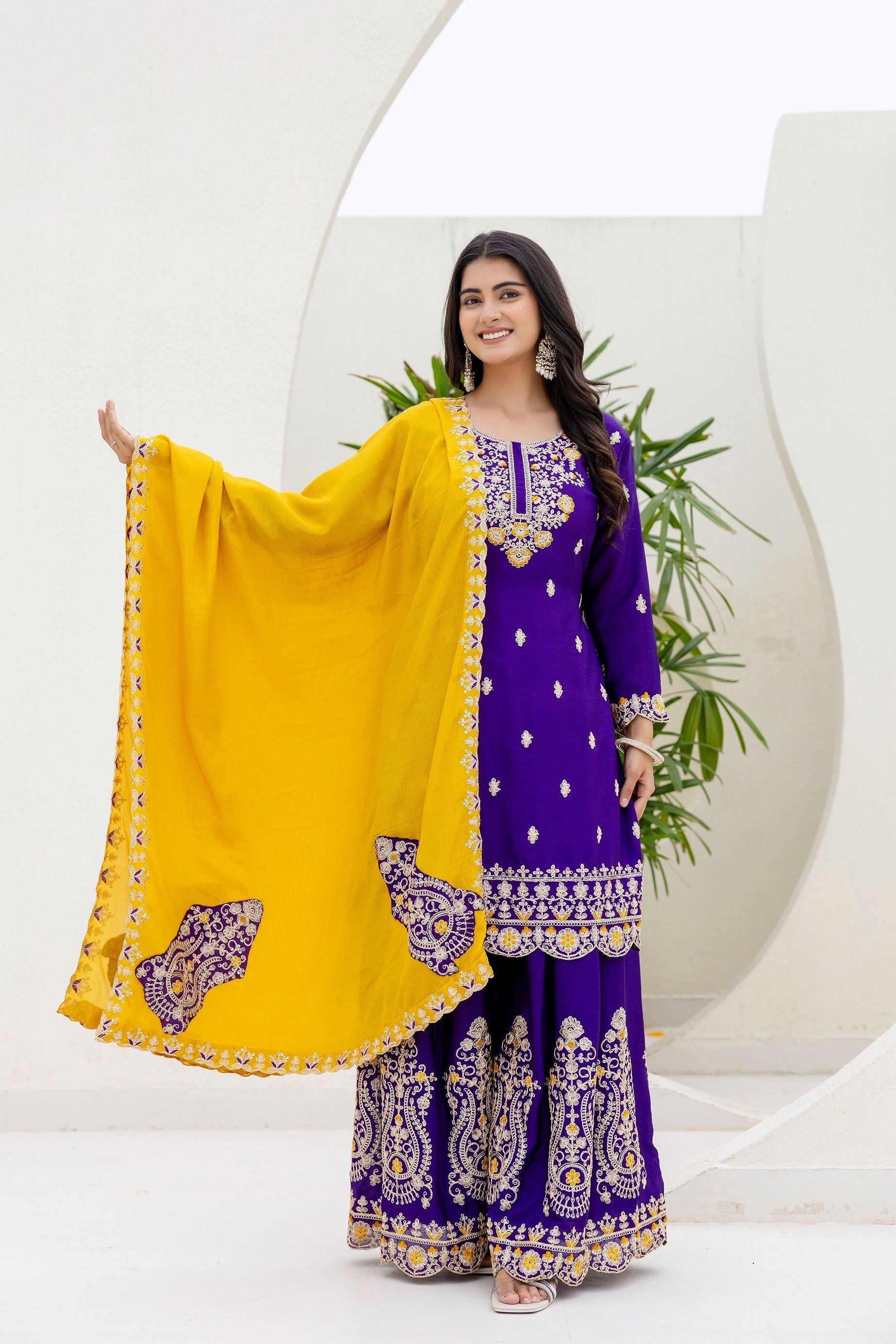 Incredible Royal Purple Embroidered Sequence Designer Salwar Suit With Amazing Mustard Dupatta