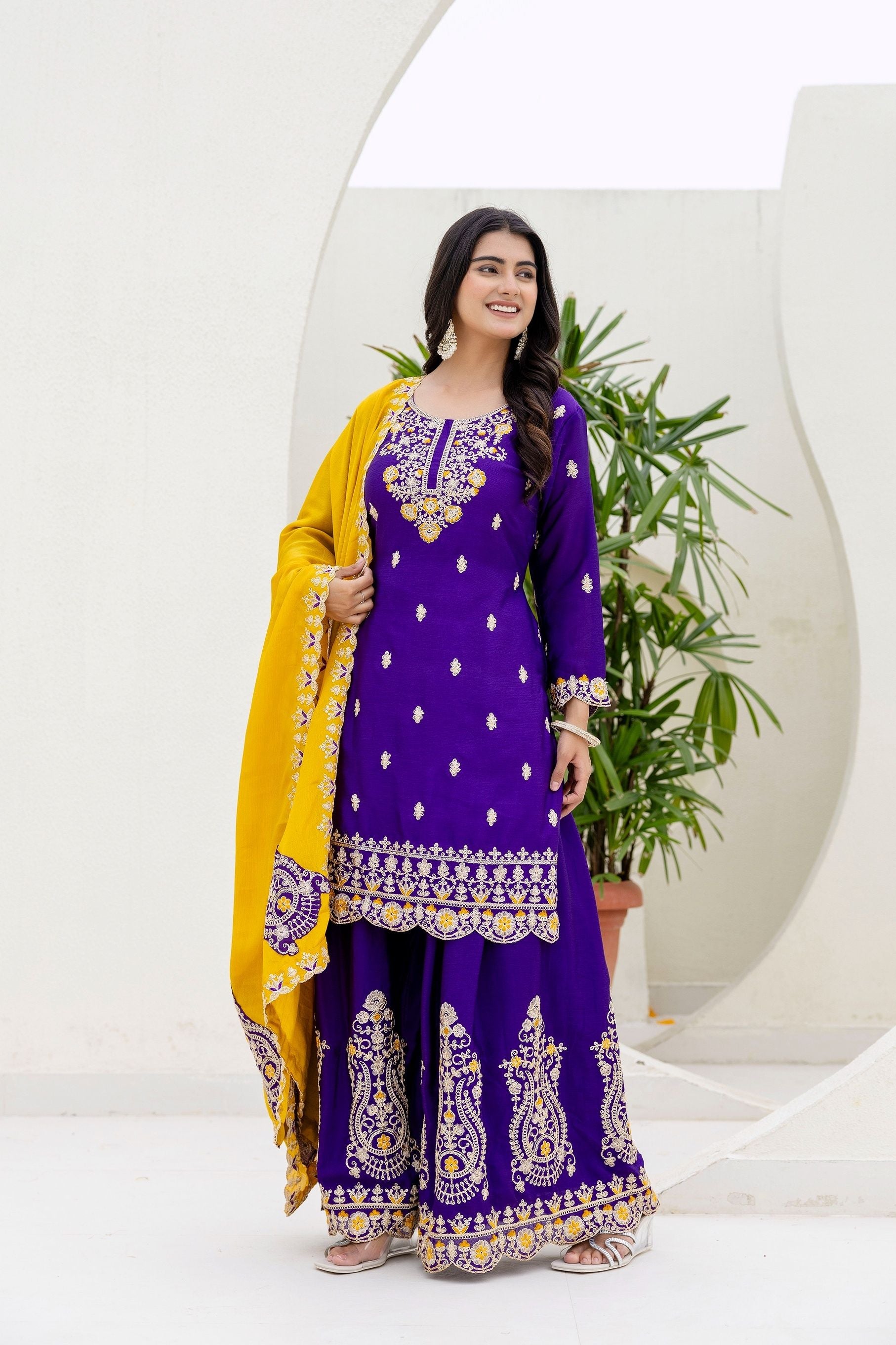 Incredible Royal Purple Embroidered Sequence Designer Salwar Suit With Amazing Mustard Dupatta