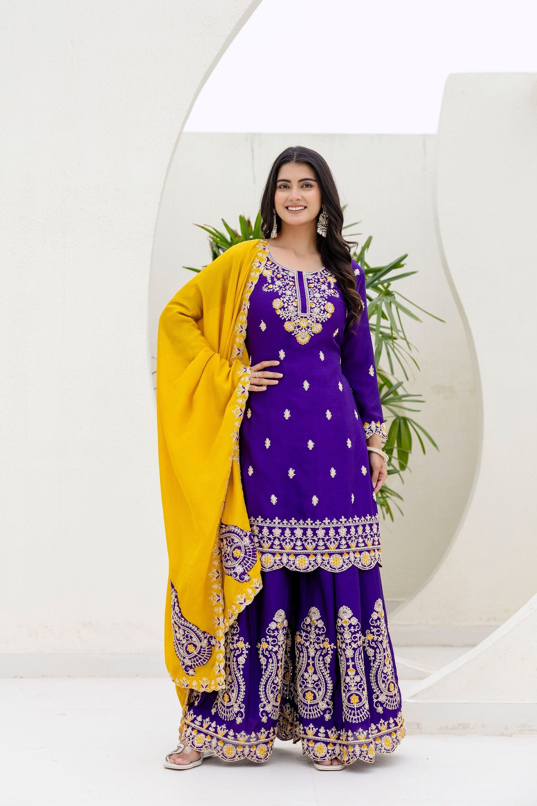Incredible Royal Purple Embroidered Sequence Designer Salwar Suit With Amazing Mustard Dupatta