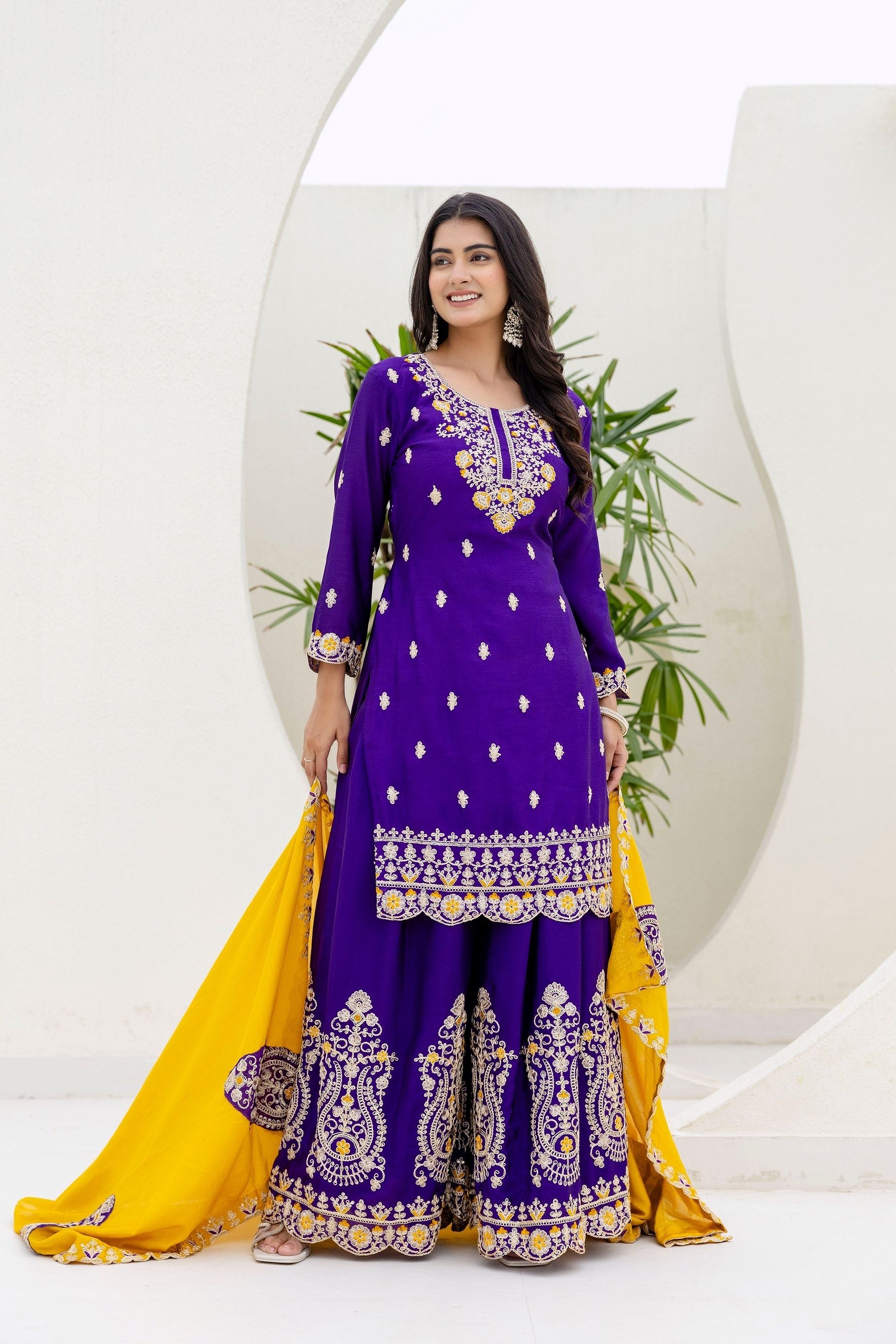 Incredible Royal Purple Embroidered Sequence Designer Salwar Suit With Amazing Mustard Dupatta