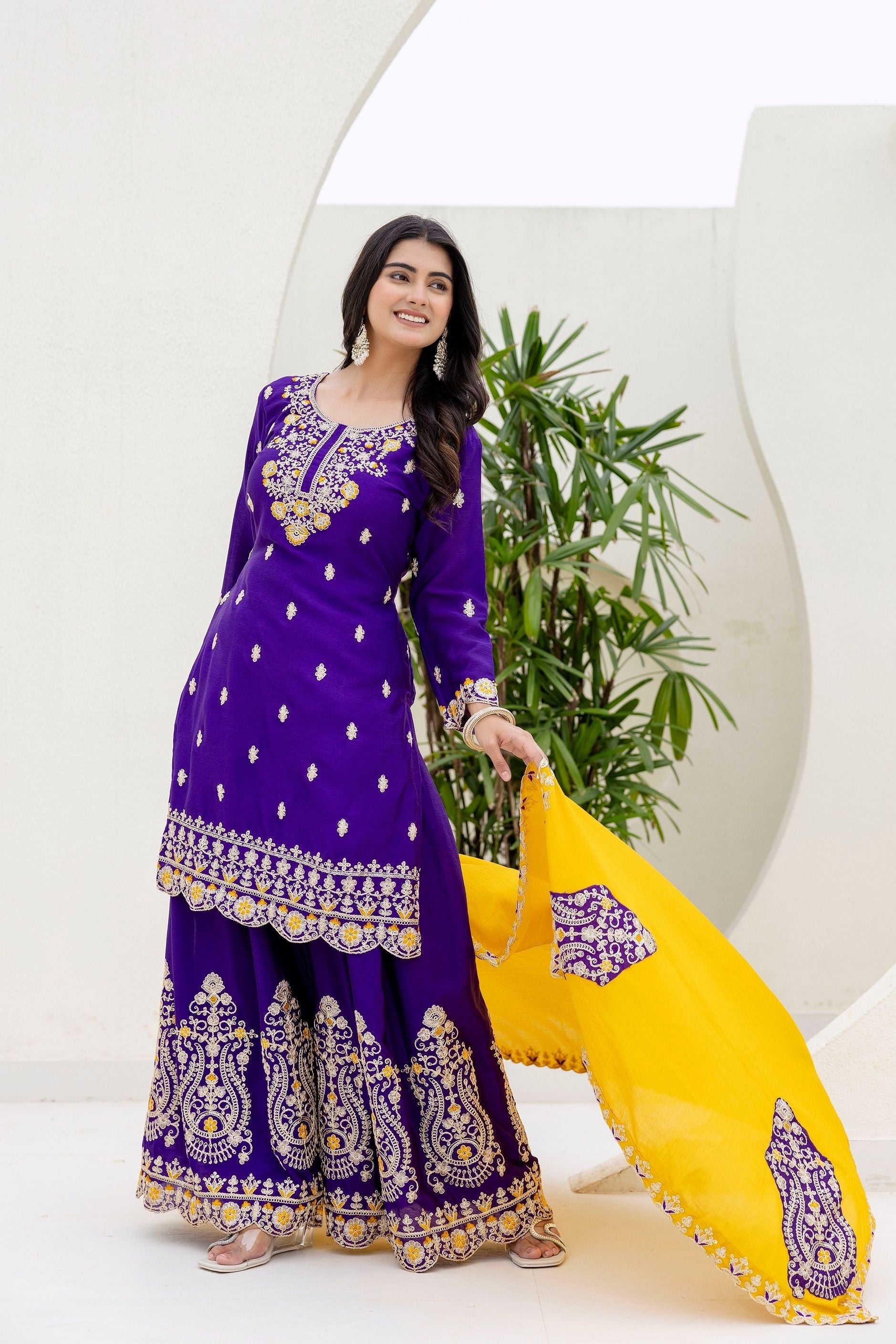 Incredible Royal Purple Embroidered Sequence Designer Salwar Suit With Amazing Mustard Dupatta