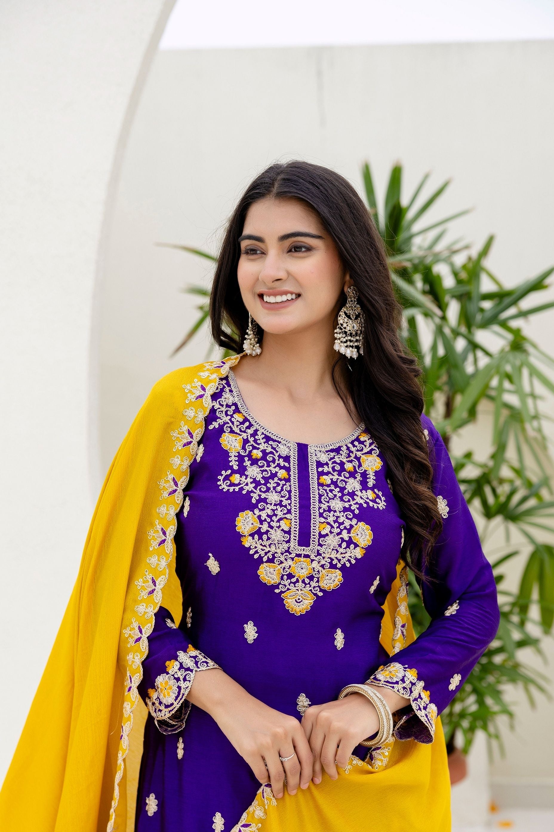 Incredible Royal Purple Embroidered Sequence Designer Salwar Suit With Amazing Mustard Dupatta