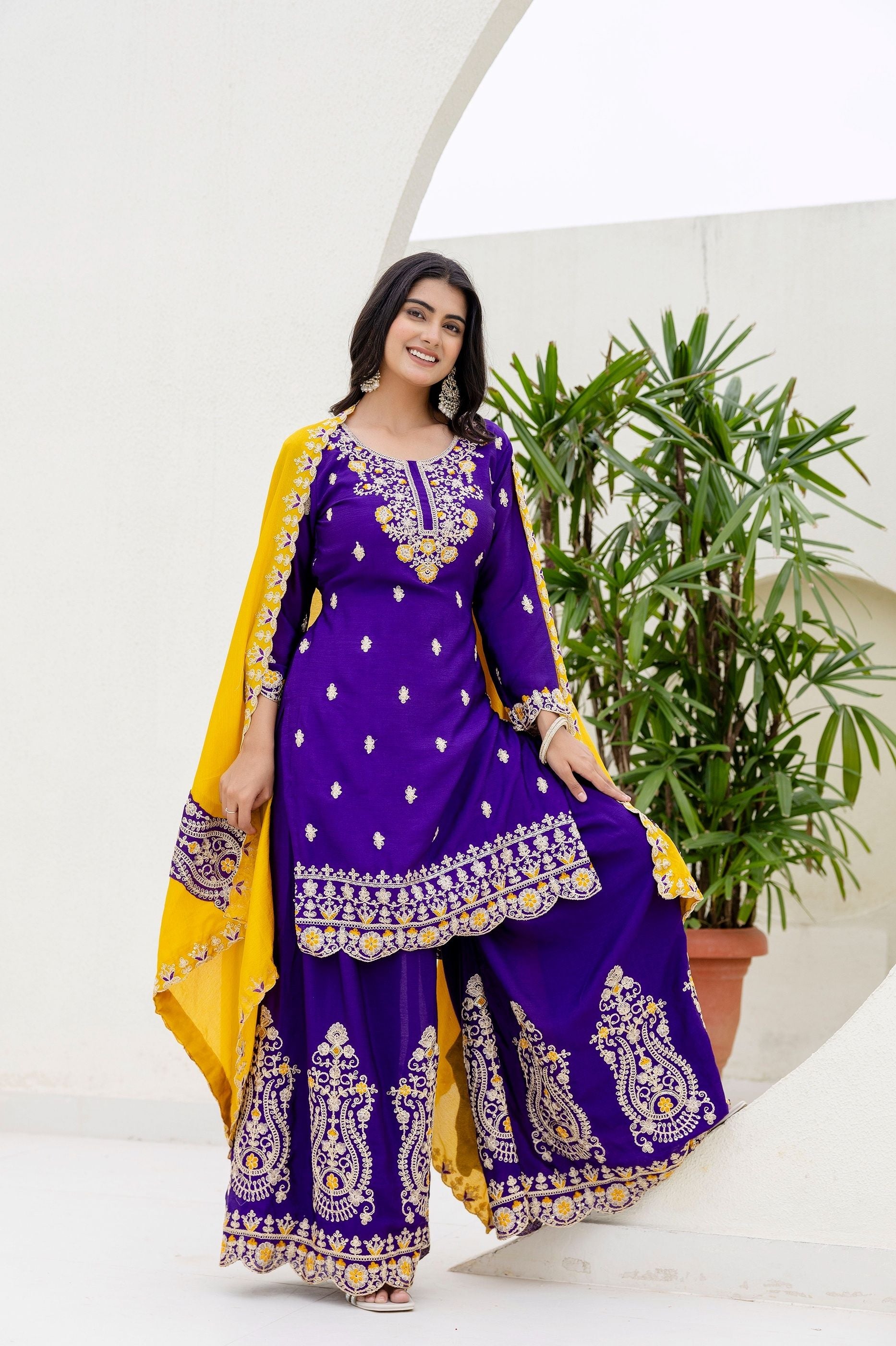 Incredible Royal Purple Embroidered Sequence Designer Salwar Suit With Amazing Mustard Dupatta
