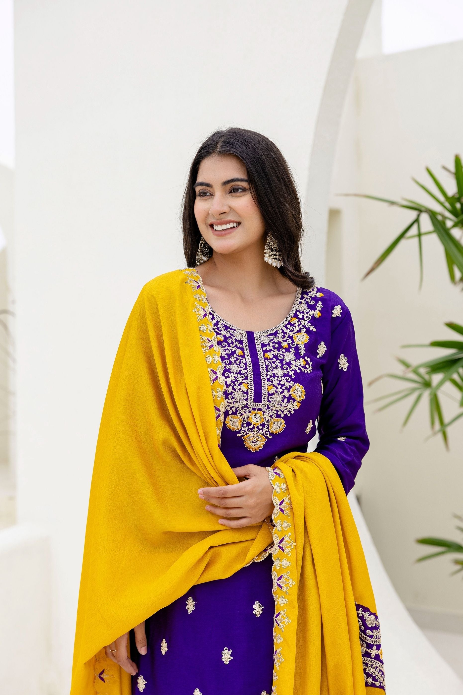 Incredible Royal Purple Embroidered Sequence Designer Salwar Suit With Amazing Mustard Dupatta