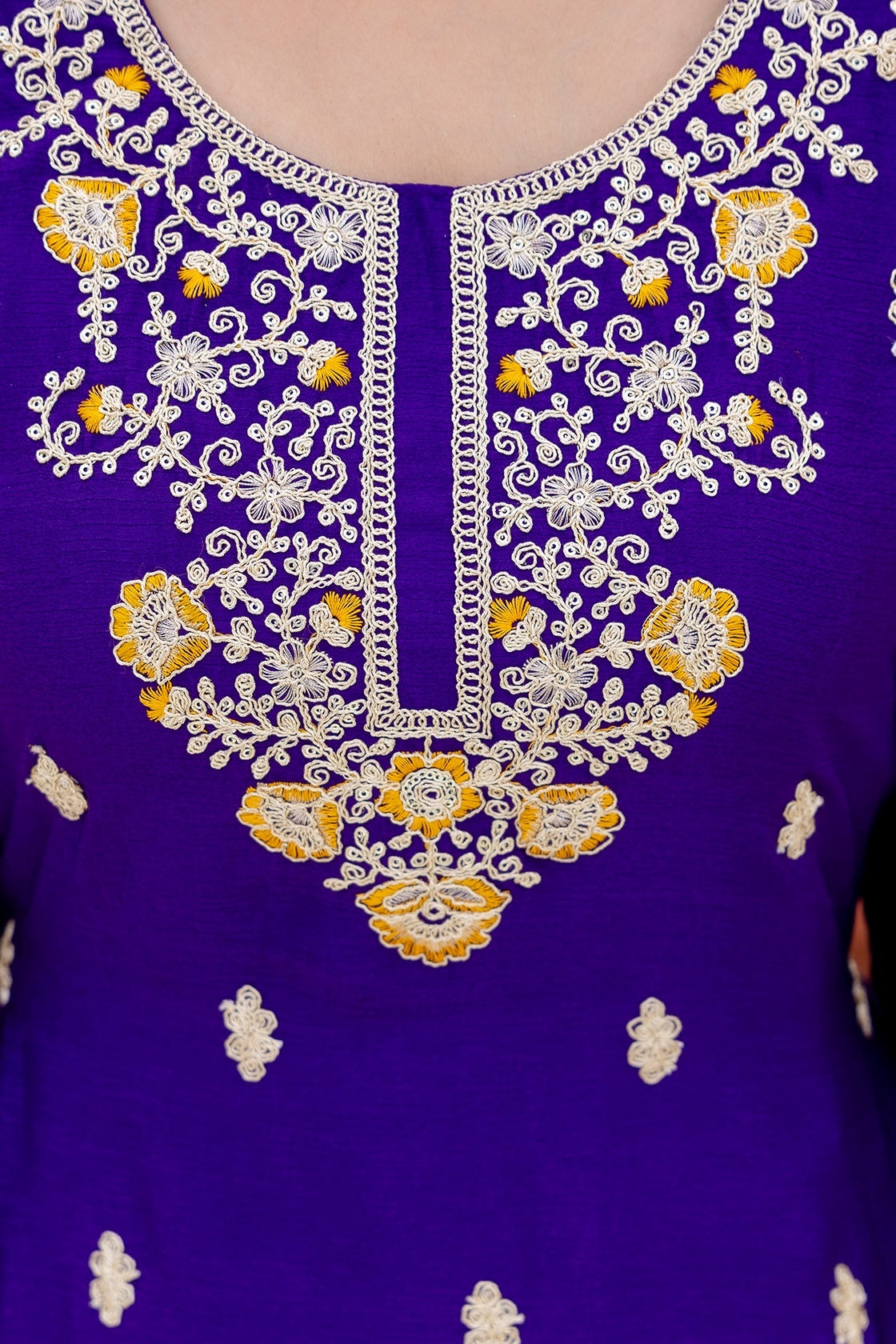 Incredible Royal Purple Embroidered Sequence Designer Salwar Suit With Amazing Mustard Dupatta