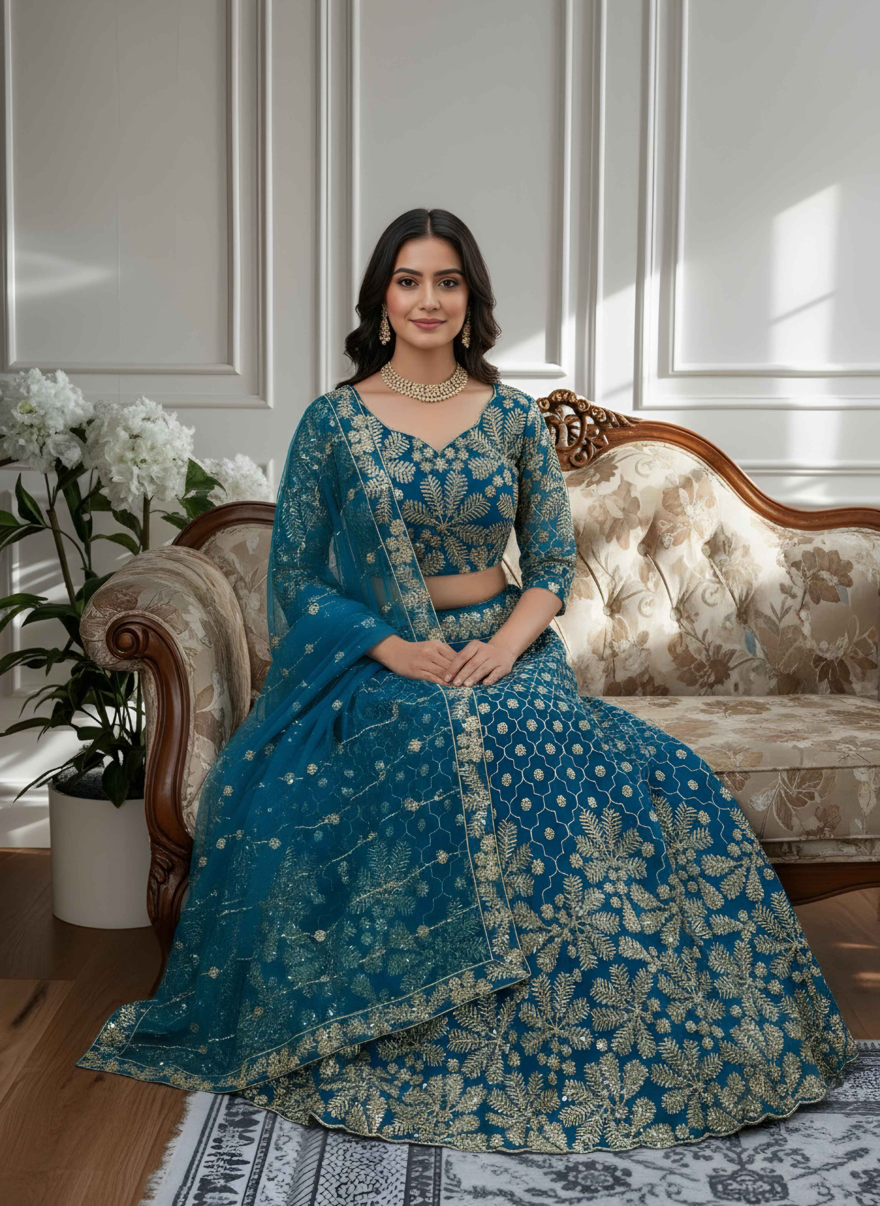 Stunning Purple Teal Blue Net Golden Embroidery Bridal Wear Lehenga Choli With Dupatta