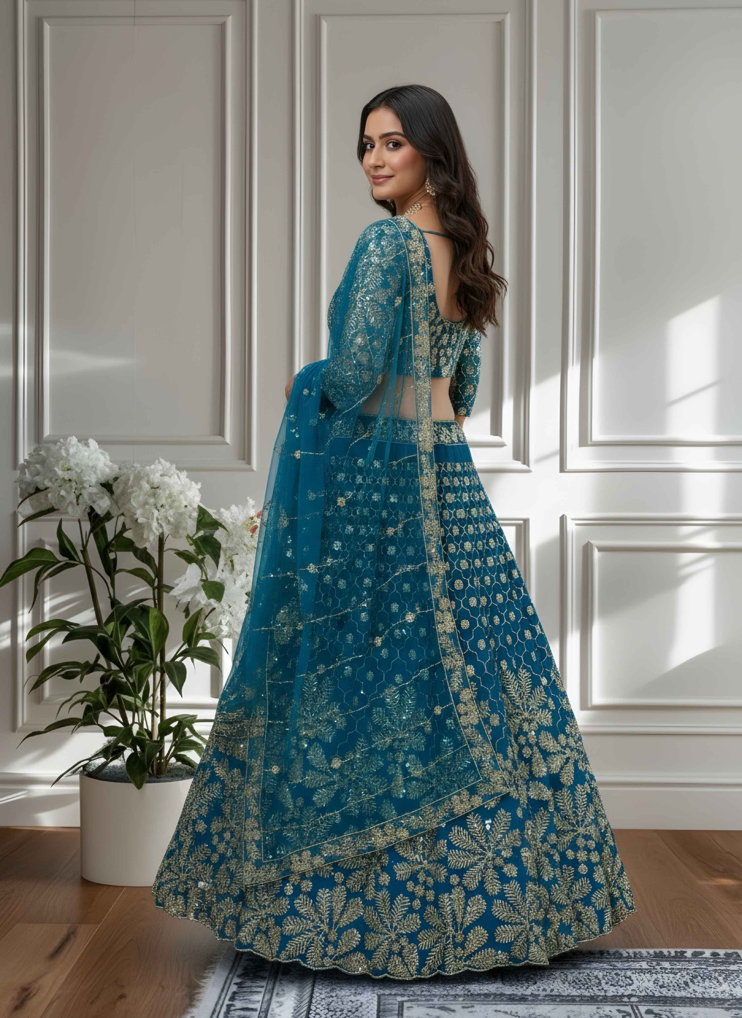 Stunning Purple Teal Blue Net Golden Embroidery Bridal Wear Lehenga Choli With Dupatta