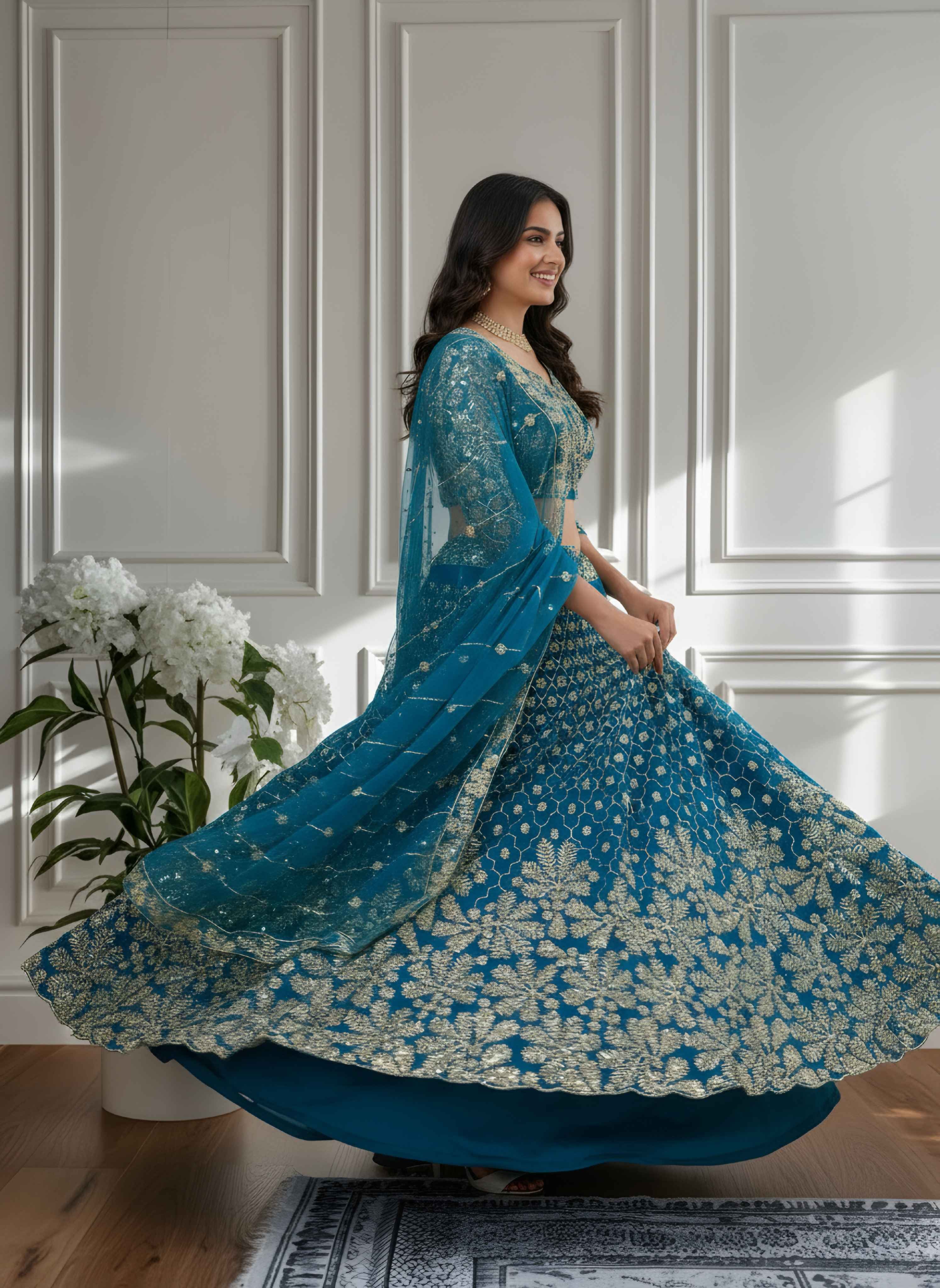 Stunning Purple Teal Blue Net Golden Embroidery Bridal Wear Lehenga Choli With Dupatta