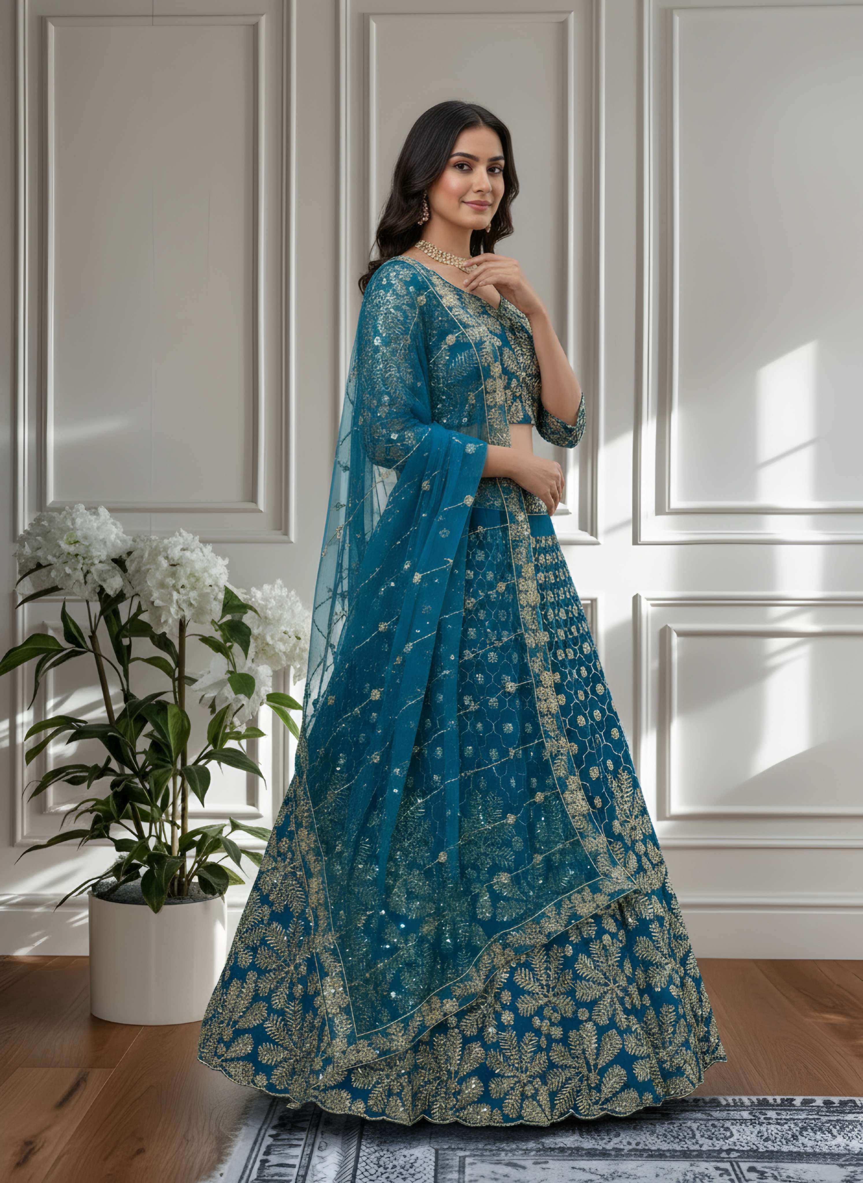 Stunning Purple Teal Blue Net Golden Embroidery Bridal Wear Lehenga Choli With Dupatta