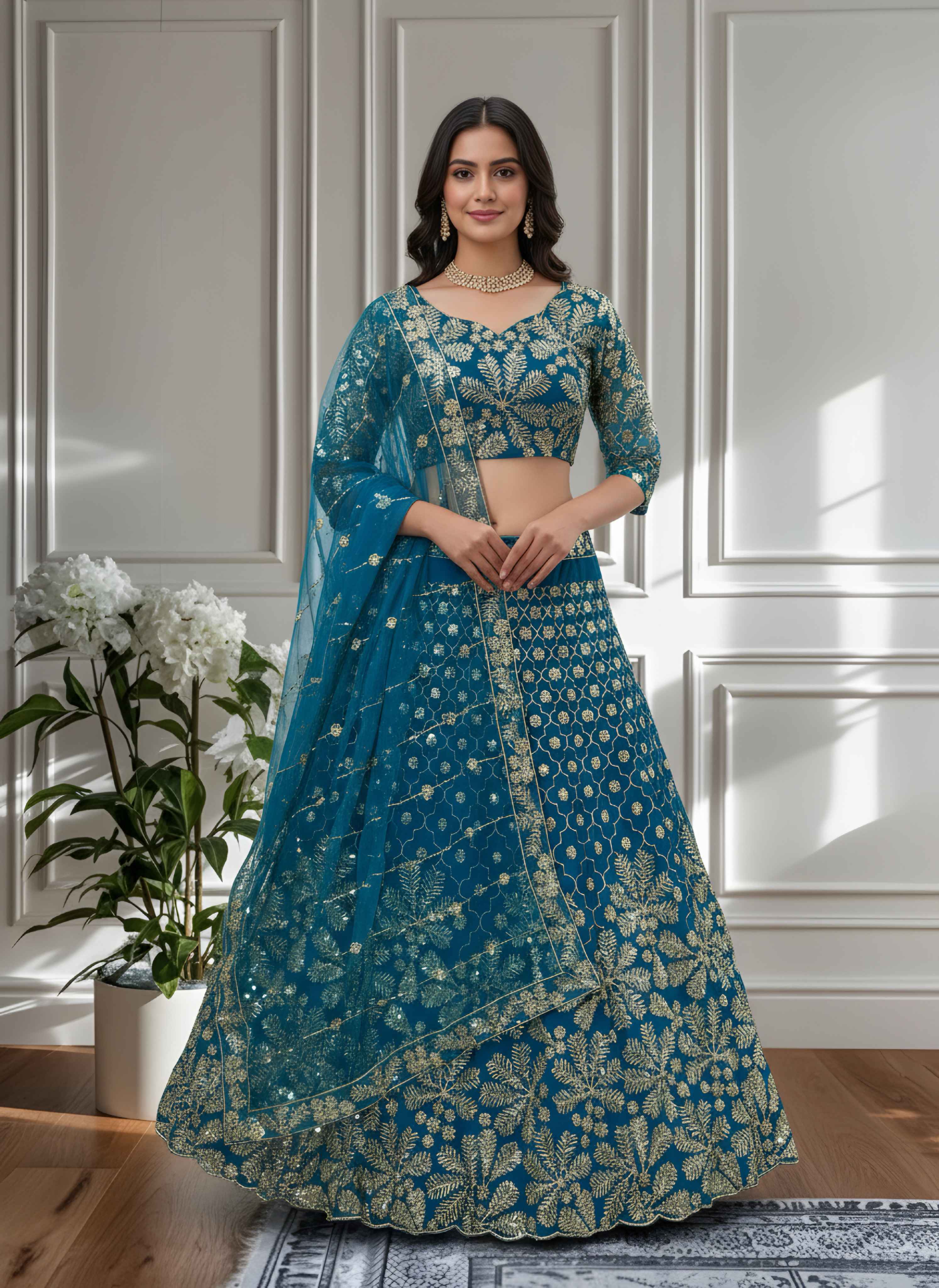 Stunning Purple Teal Blue Net Golden Embroidery Bridal Wear Lehenga Choli With Dupatta
