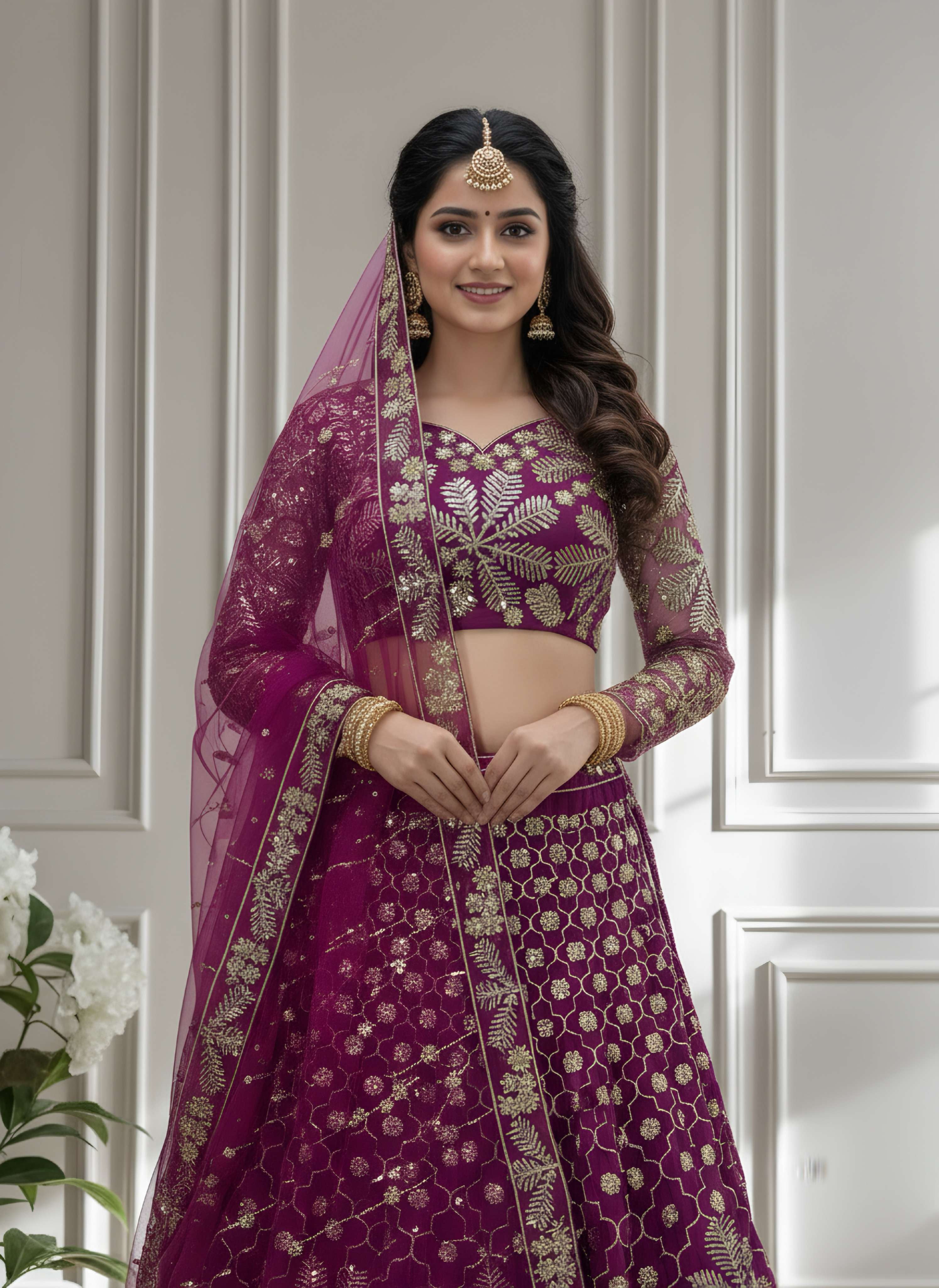 Stunning Purple Butterfly Net Golden Embroidery Bridal Wear Lehenga Choli With Dupatta