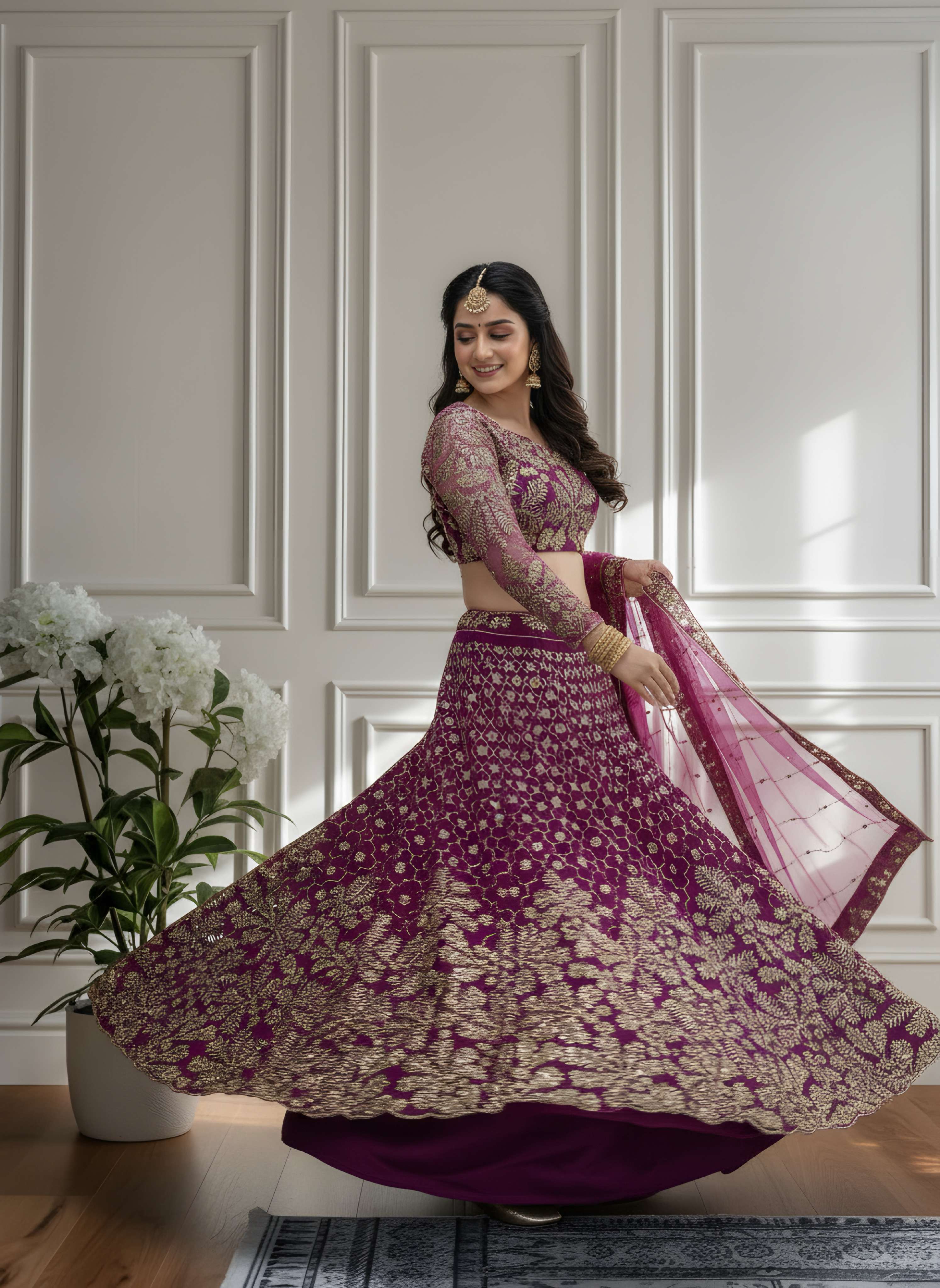Stunning Purple Butterfly Net Golden Embroidery Bridal Wear Lehenga Choli With Dupatta