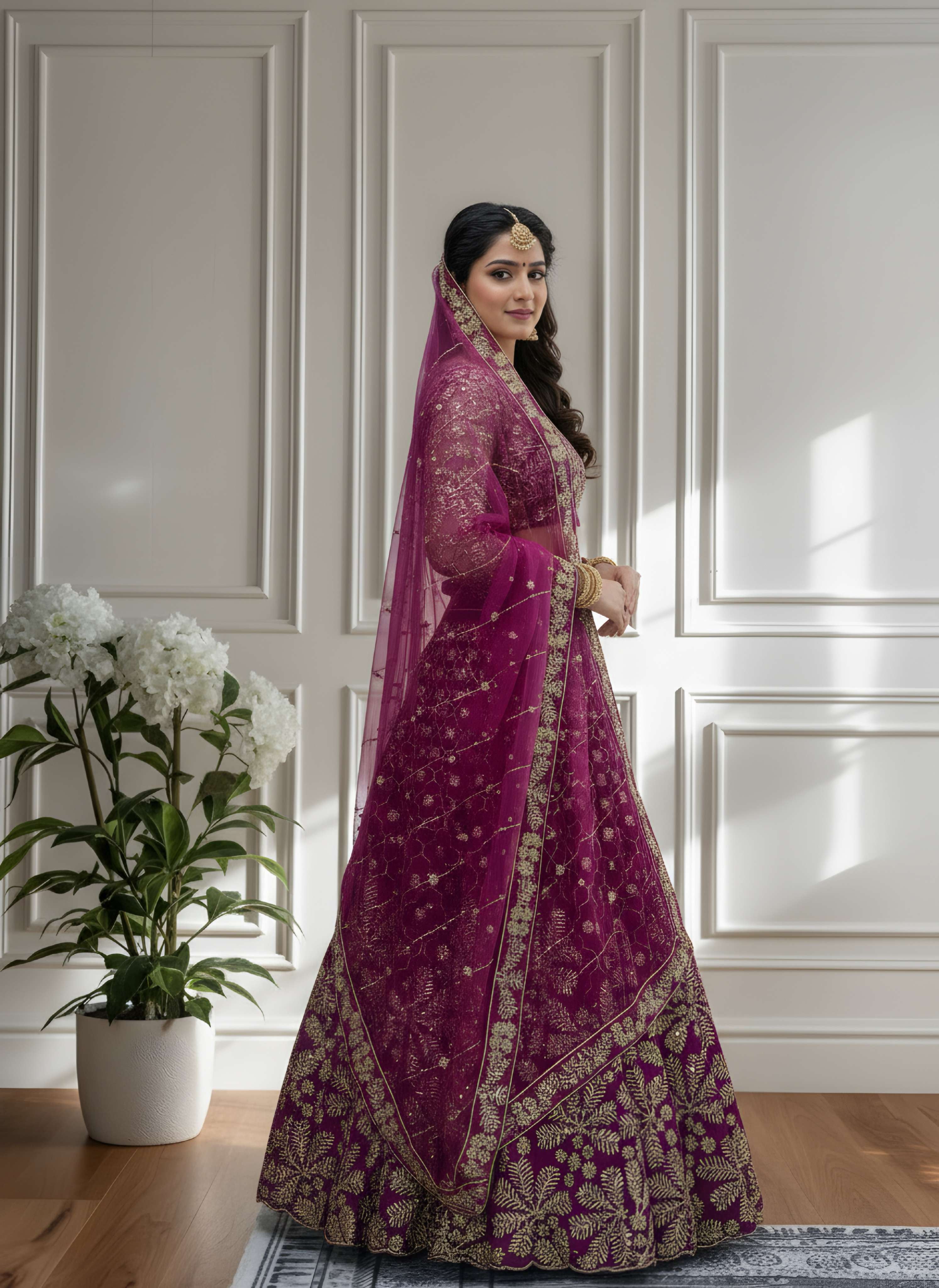 Stunning Purple Butterfly Net Golden Embroidery Bridal Wear Lehenga Choli With Dupatta