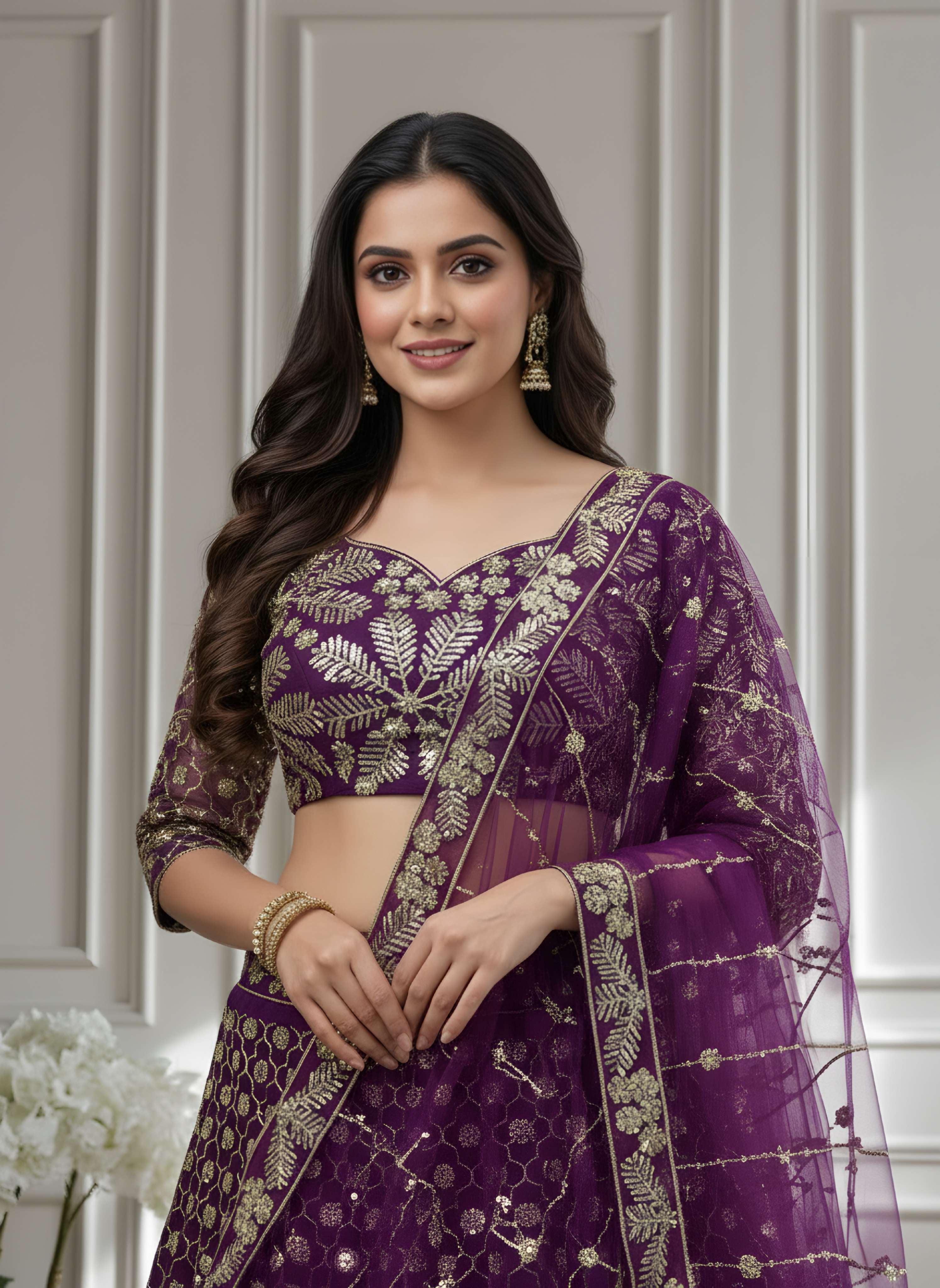 Crazy Wine Butterfly Net Golden Embroidery Bridal Wear Lehenga Choli With Dupatta
