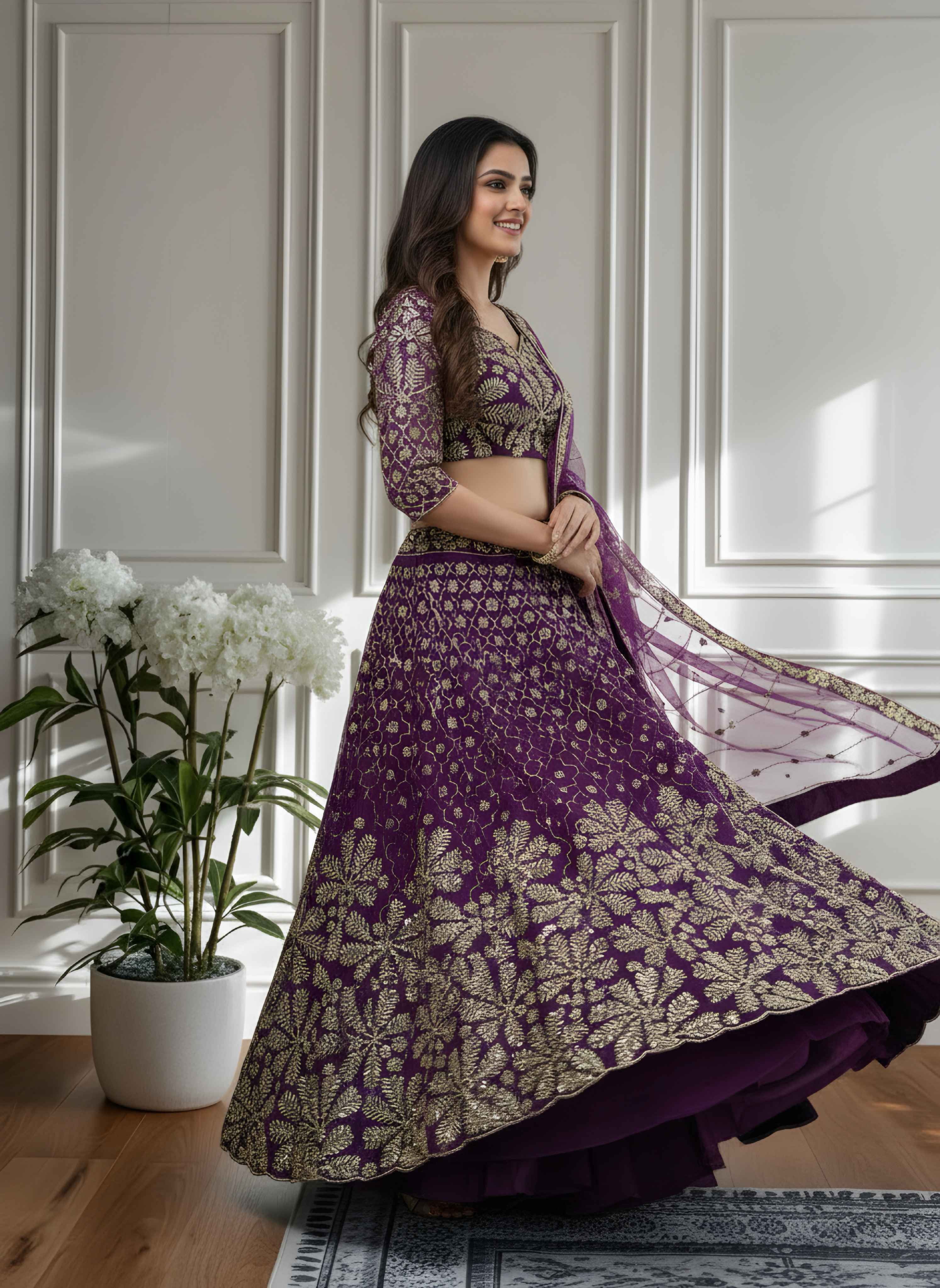 Crazy Wine Butterfly Net Golden Embroidery Bridal Wear Lehenga Choli With Dupatta
