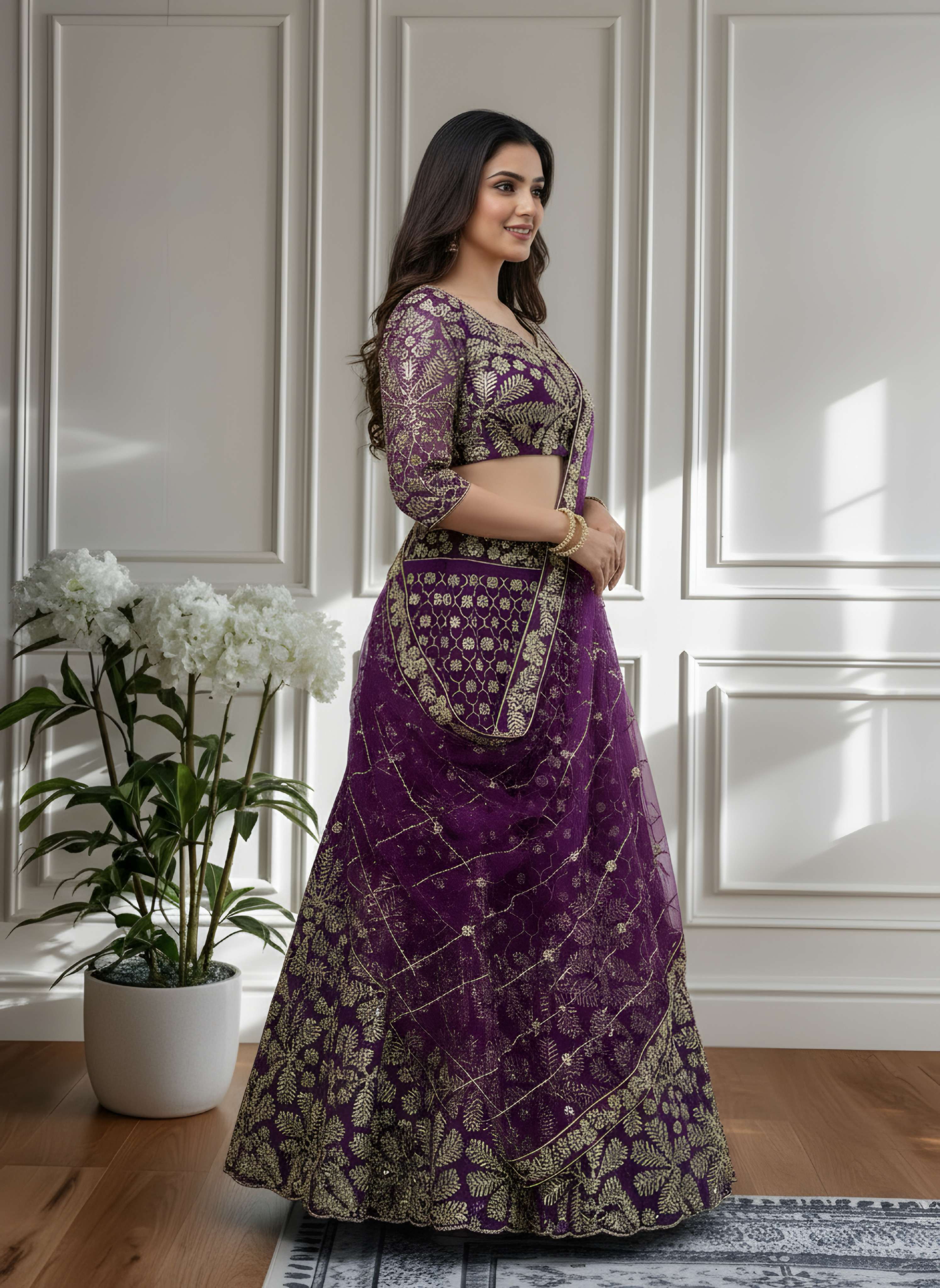 Crazy Wine Butterfly Net Golden Embroidery Bridal Wear Lehenga Choli With Dupatta