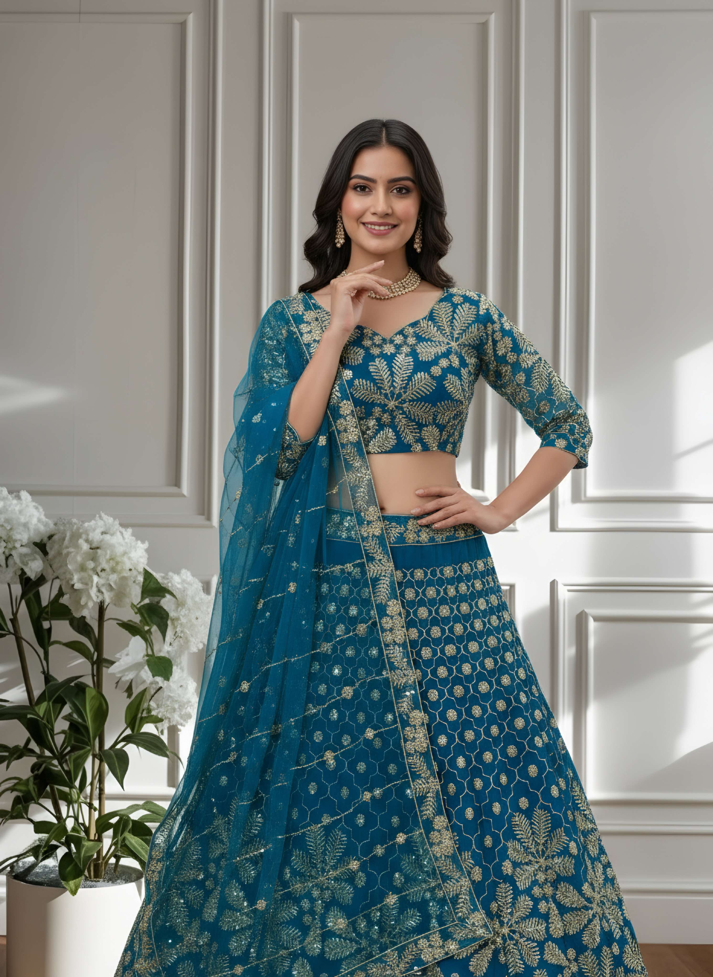 Stunning Purple Teal Blue Net Golden Embroidery Bridal Wear Lehenga Choli With Dupatta