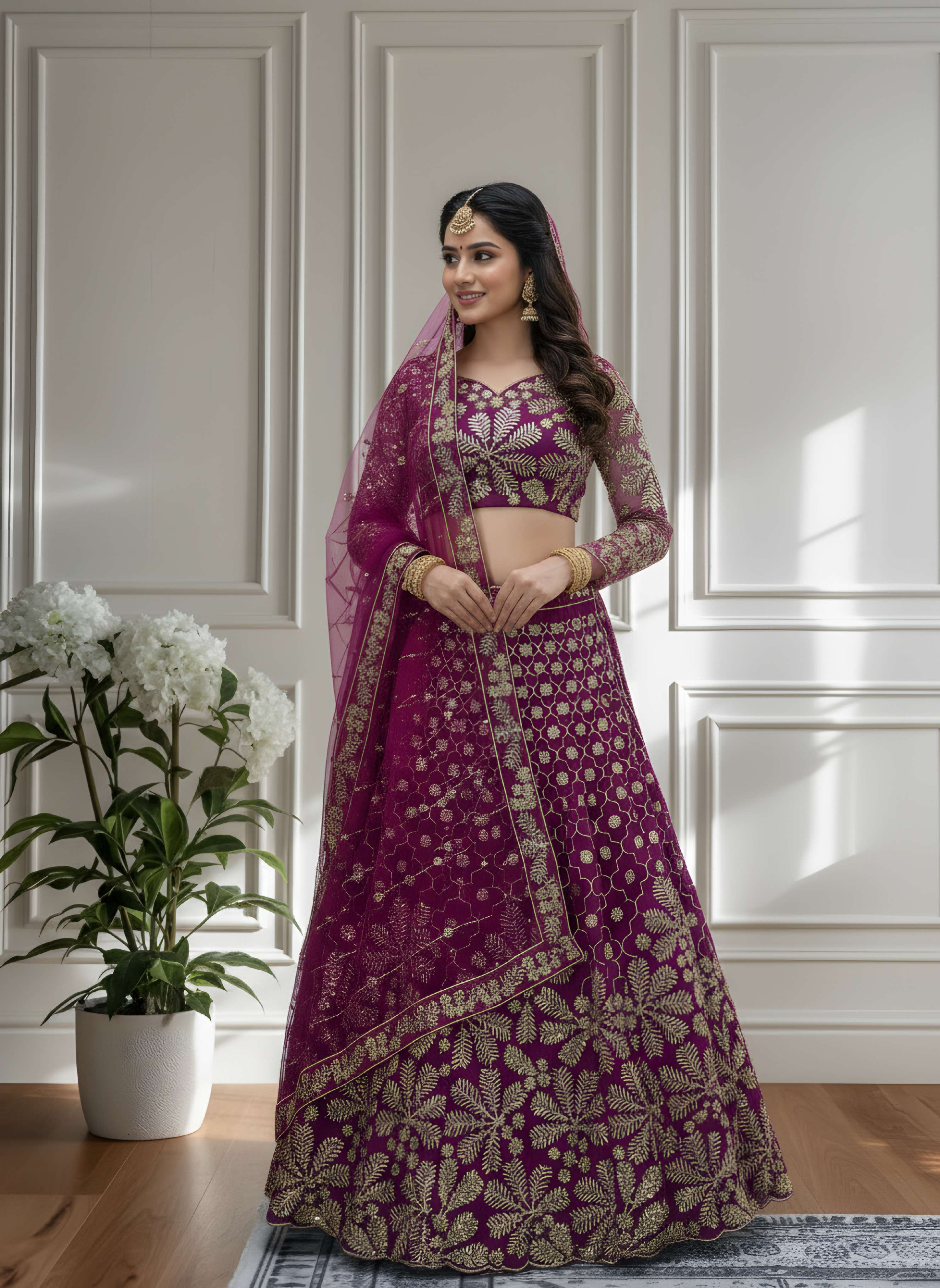 Stunning Purple Butterfly Net Golden Embroidery Bridal Wear Lehenga Choli With Dupatta