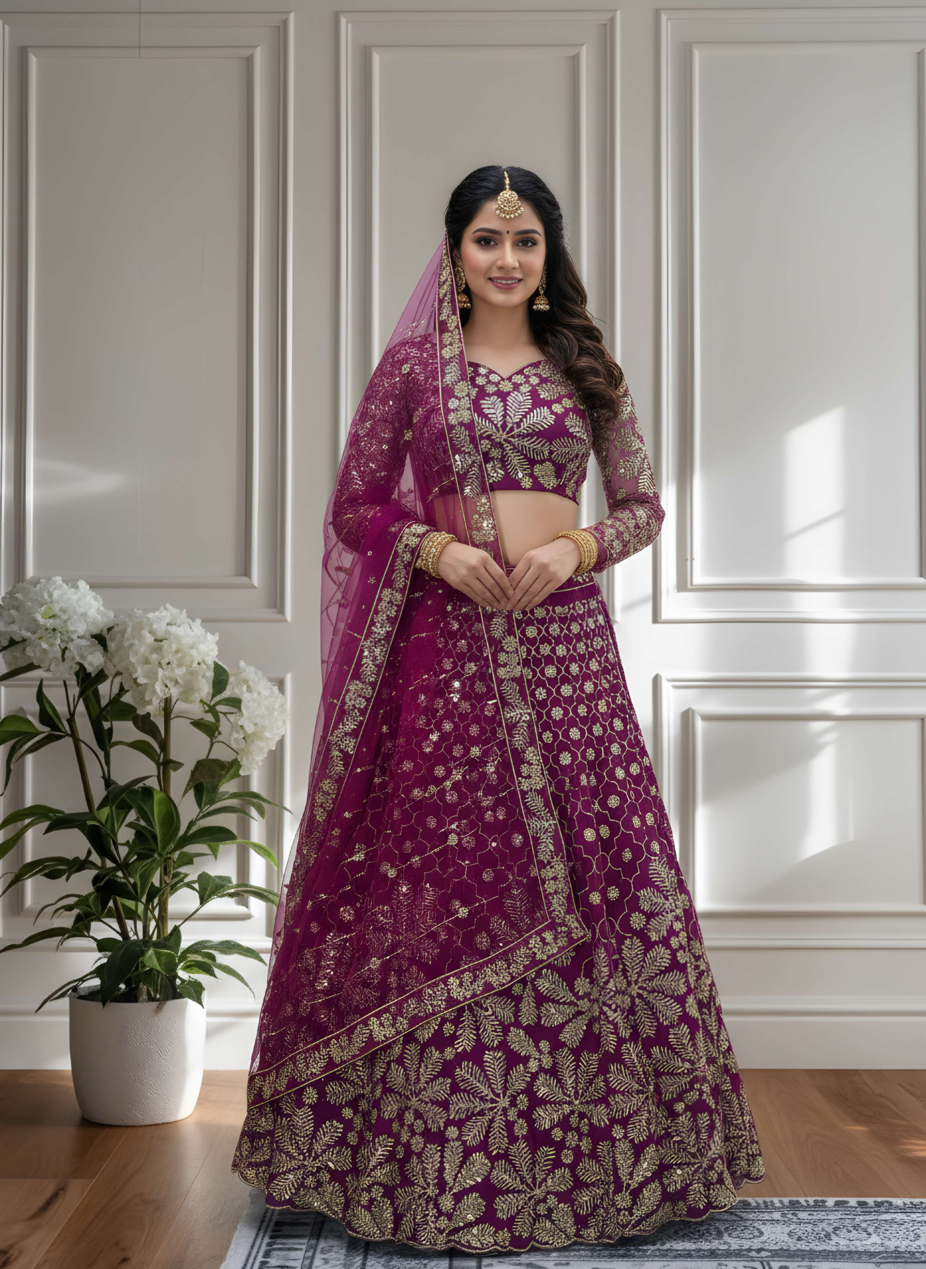 Stunning Purple Butterfly Net Golden Embroidery Bridal Wear Lehenga Choli With Dupatta
