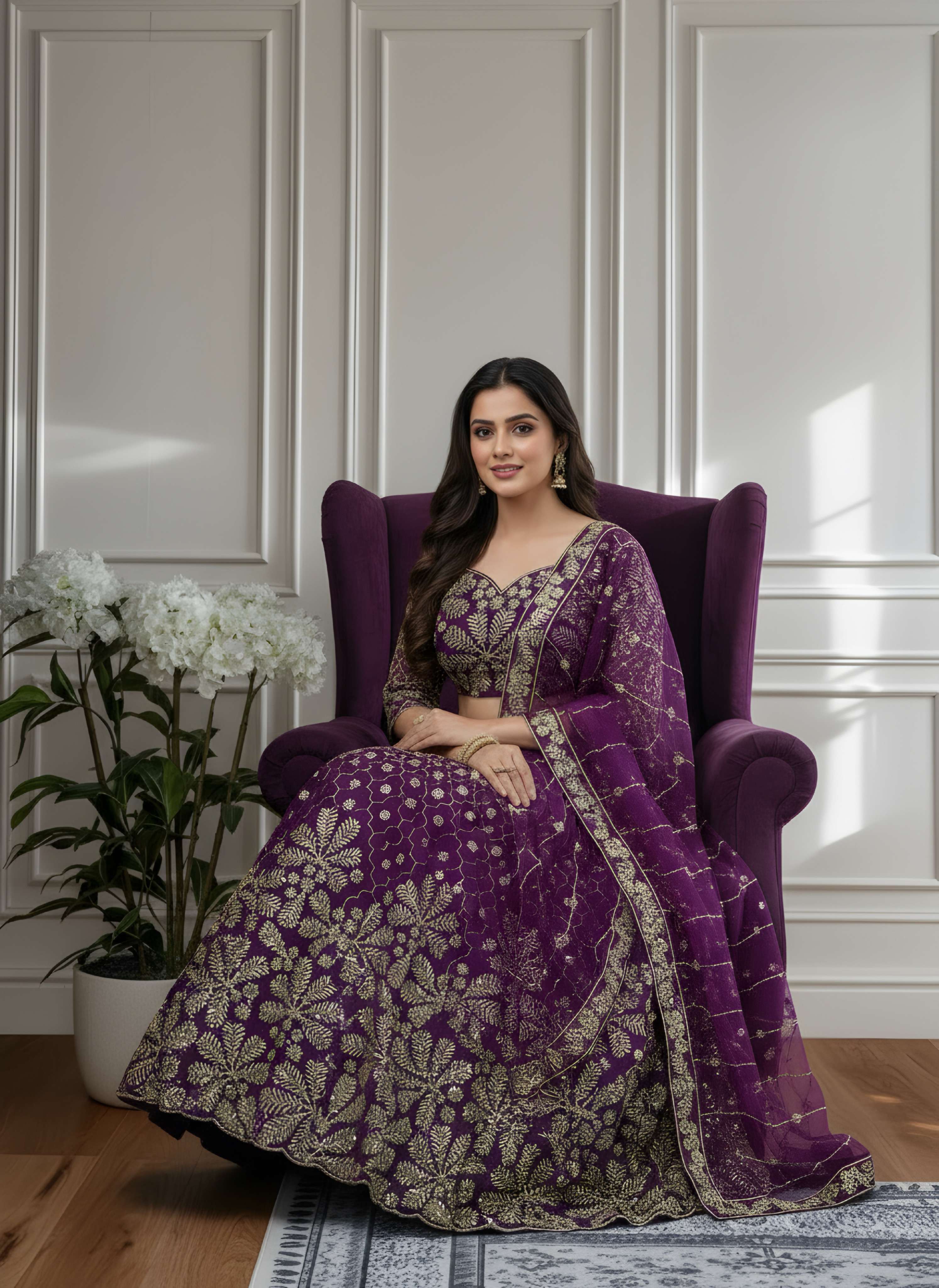 Crazy Wine Butterfly Net Golden Embroidery Bridal Wear Lehenga Choli With Dupatta