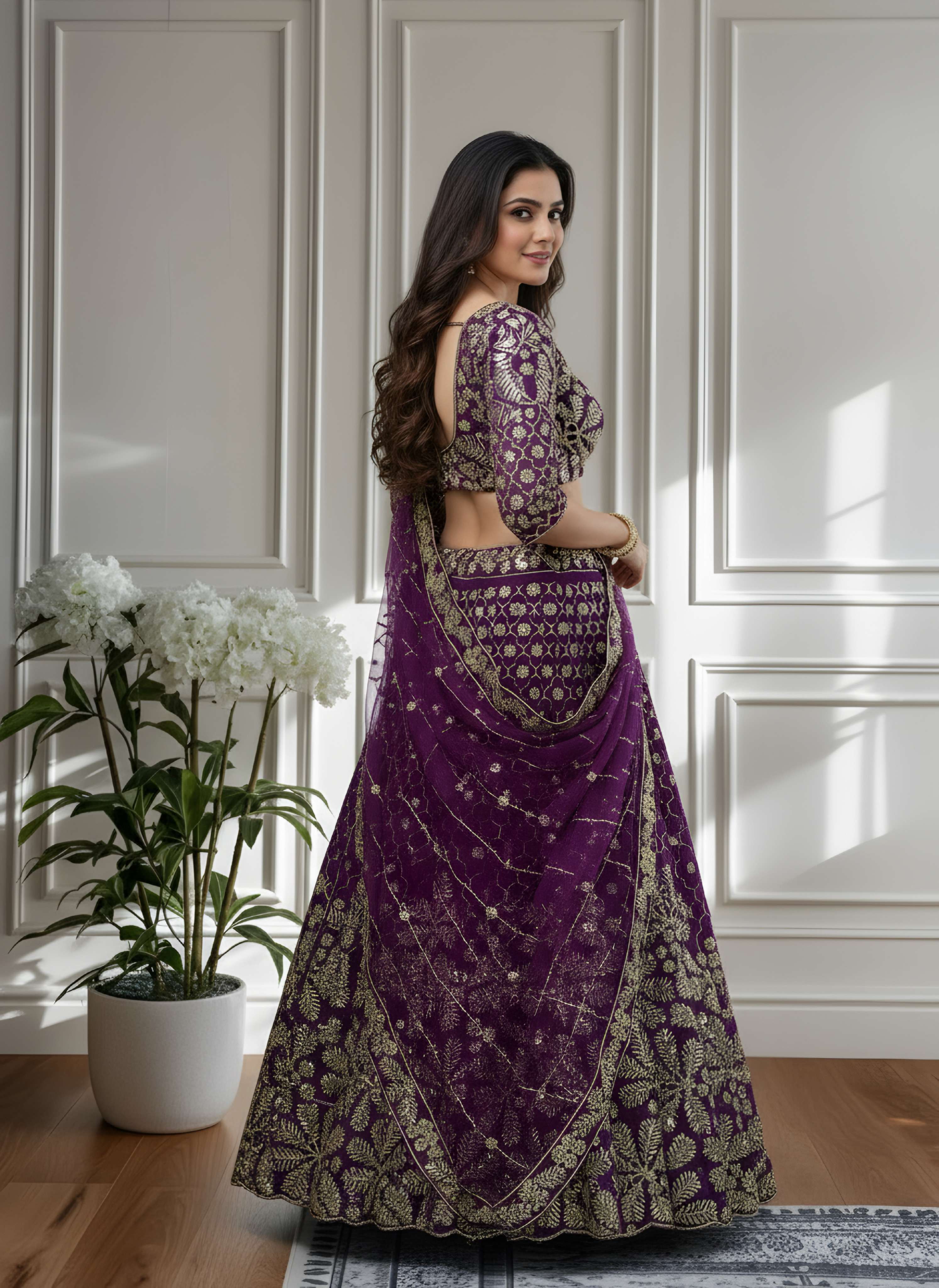 Crazy Wine Butterfly Net Golden Embroidery Bridal Wear Lehenga Choli With Dupatta