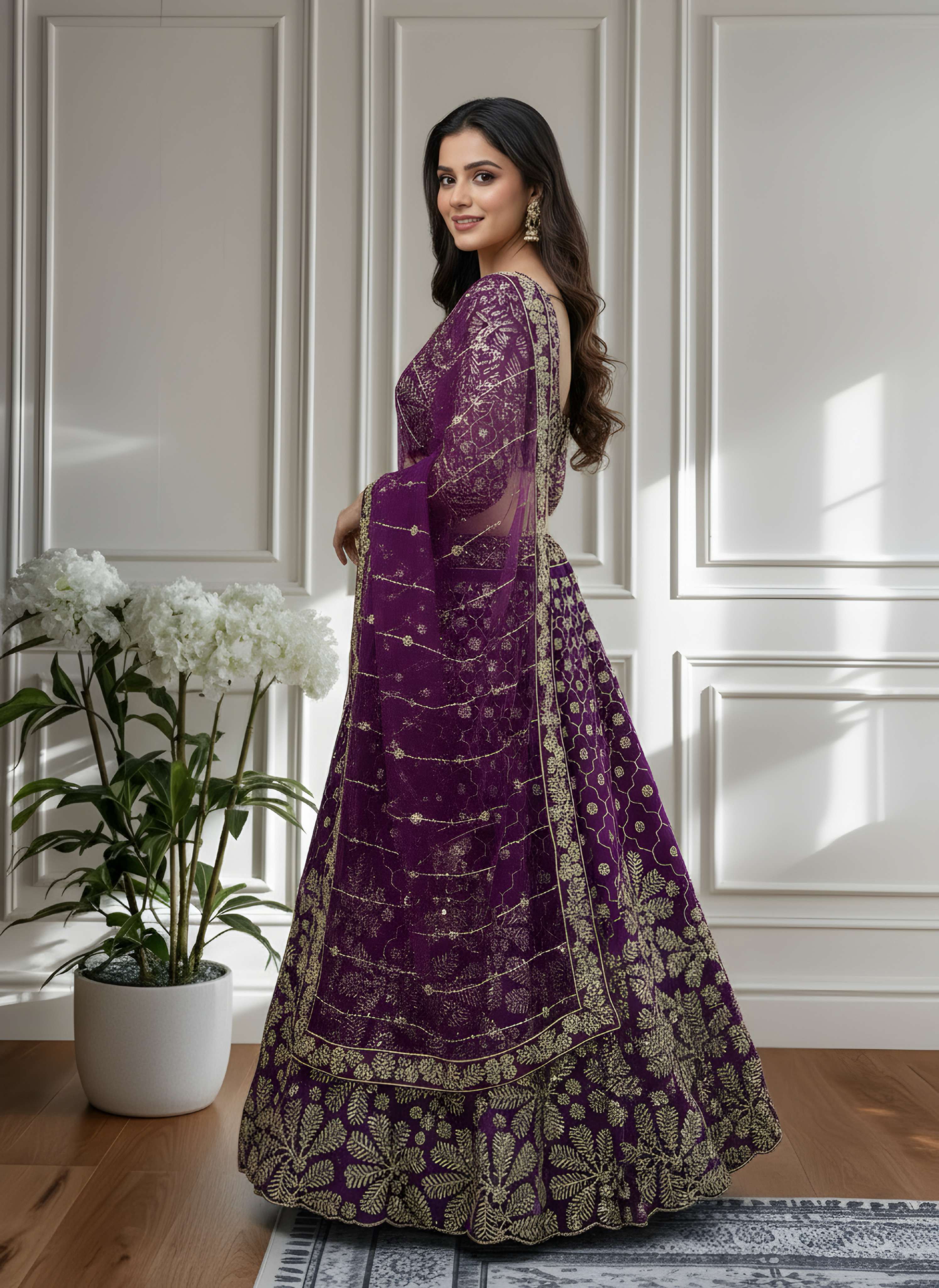 Crazy Wine Butterfly Net Golden Embroidery Bridal Wear Lehenga Choli With Dupatta