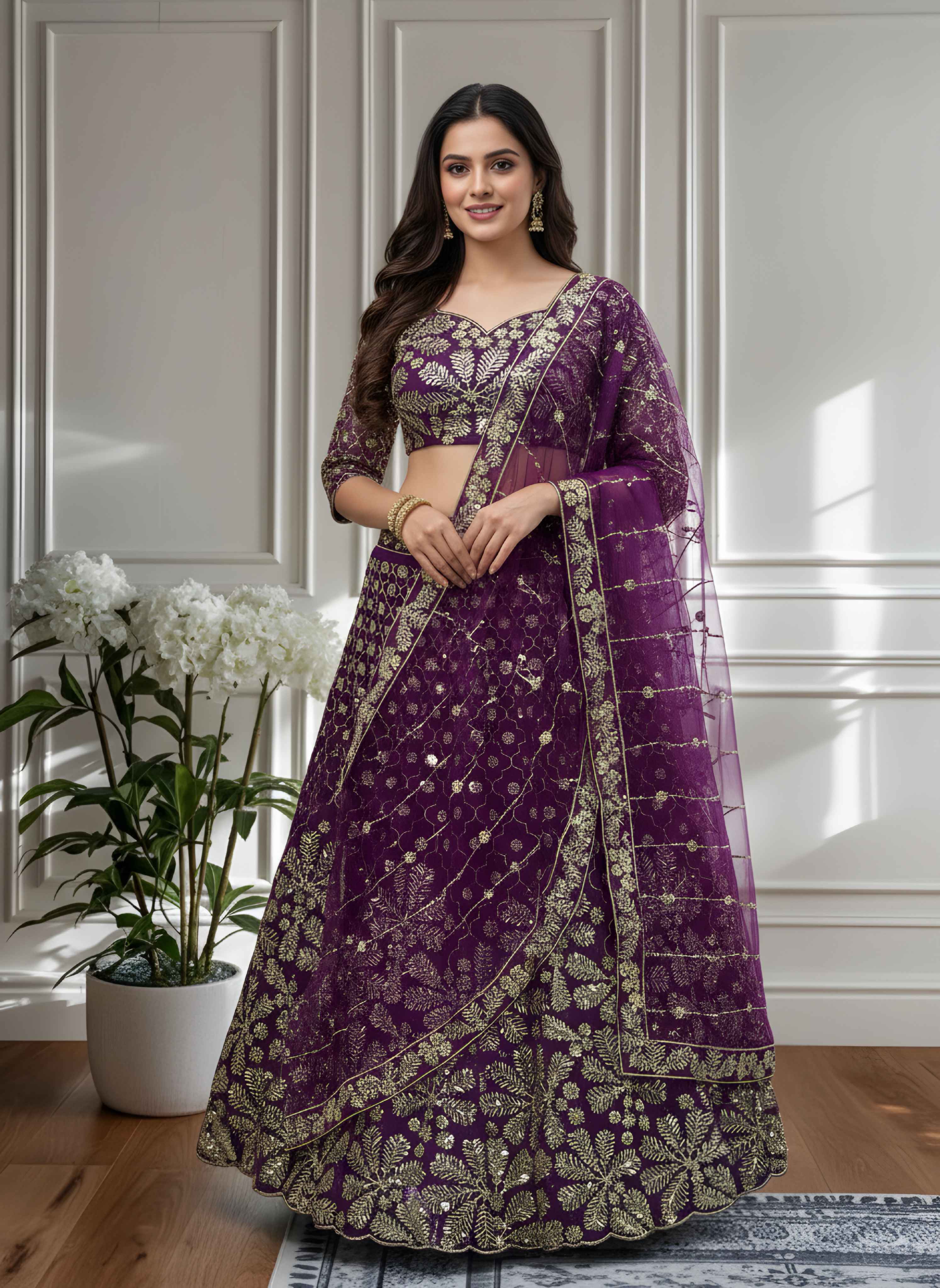 Crazy Wine Butterfly Net Golden Embroidery Bridal Wear Lehenga Choli With Dupatta