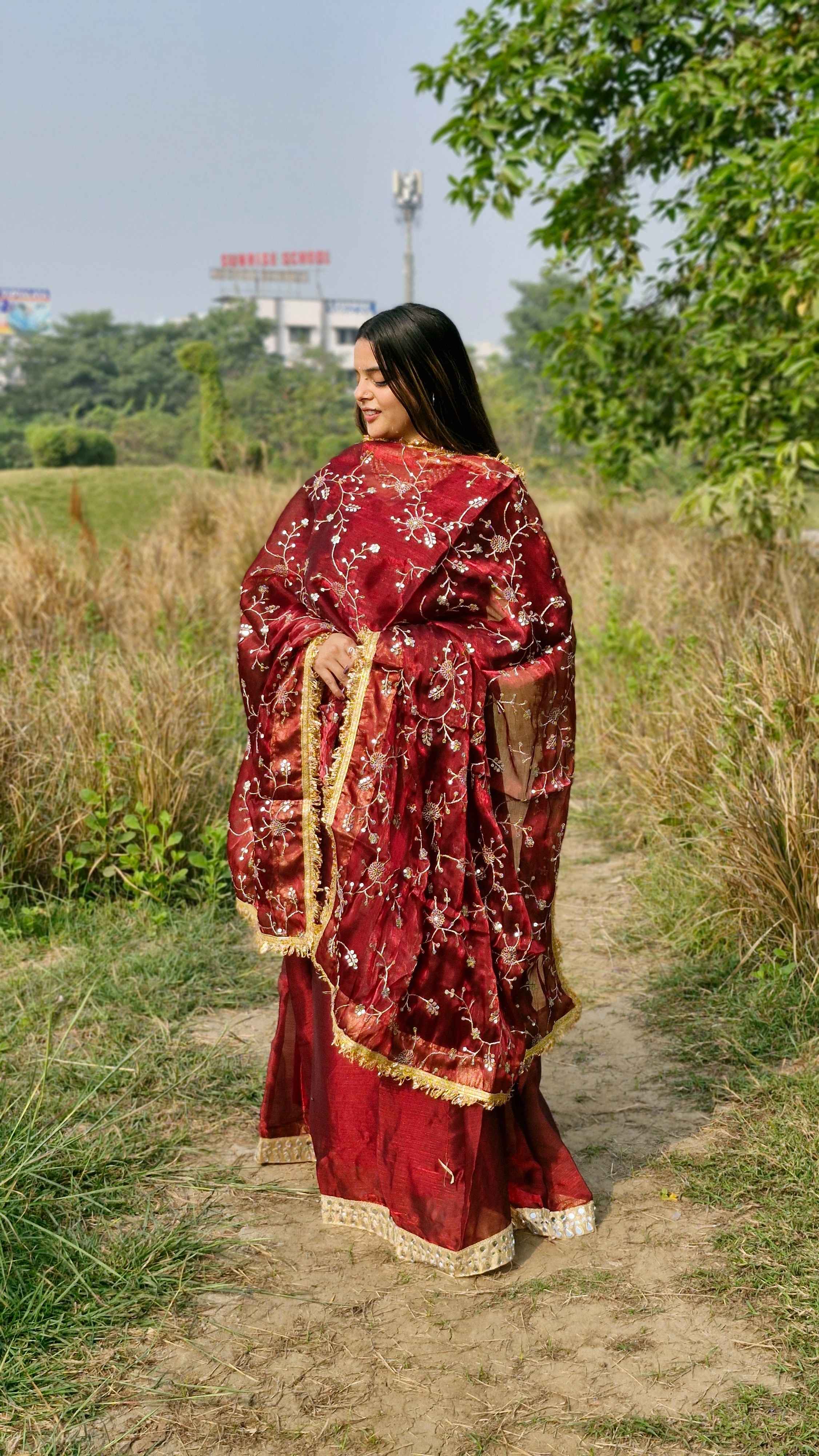 Dazzling Maroon Barbari Silk Embroidery Seuence Designer Anarkali Gown Pant With Dupatta