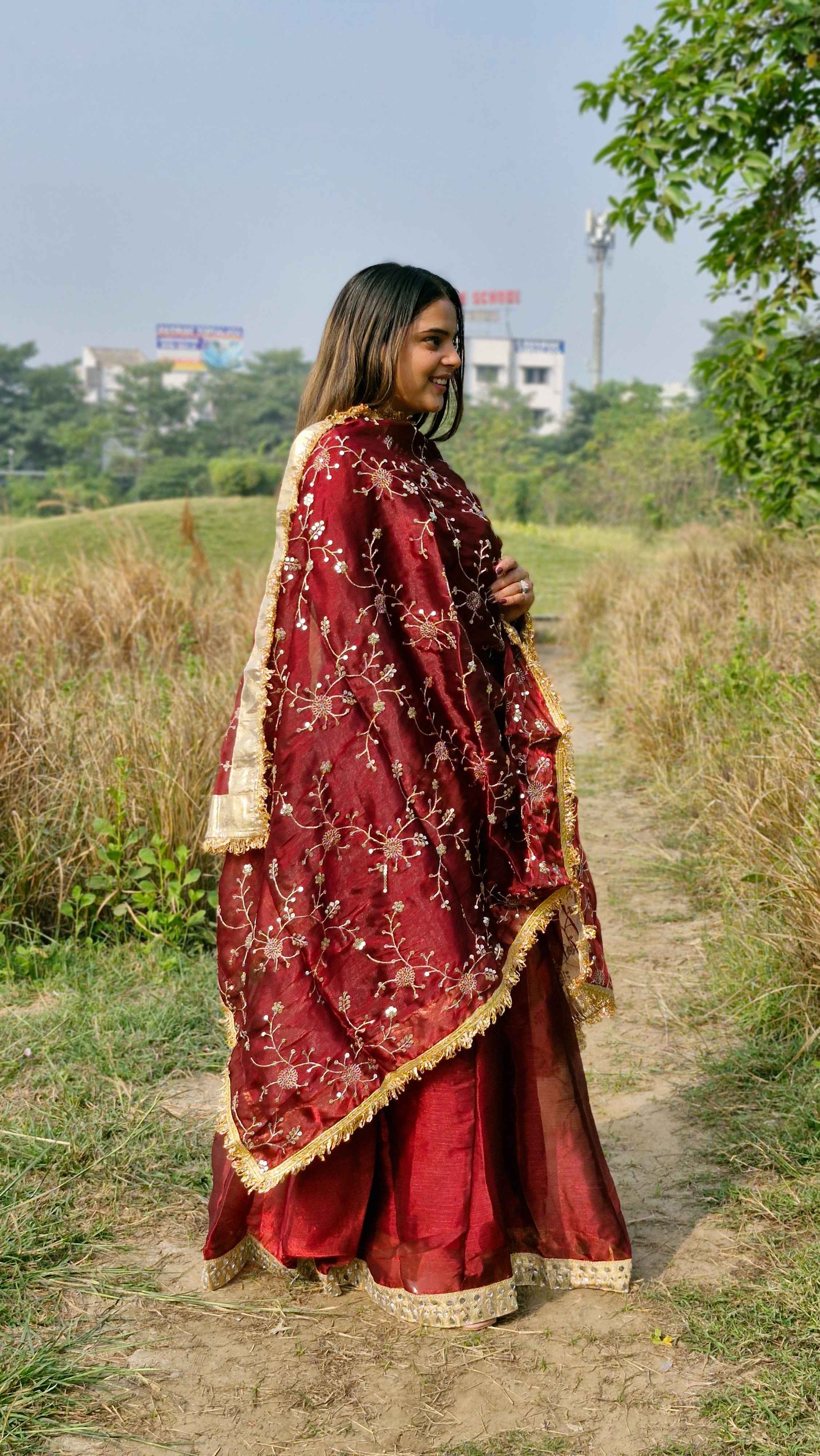 Dazzling Maroon Barbari Silk Embroidery Seuence Designer Anarkali Gown Pant With Dupatta
