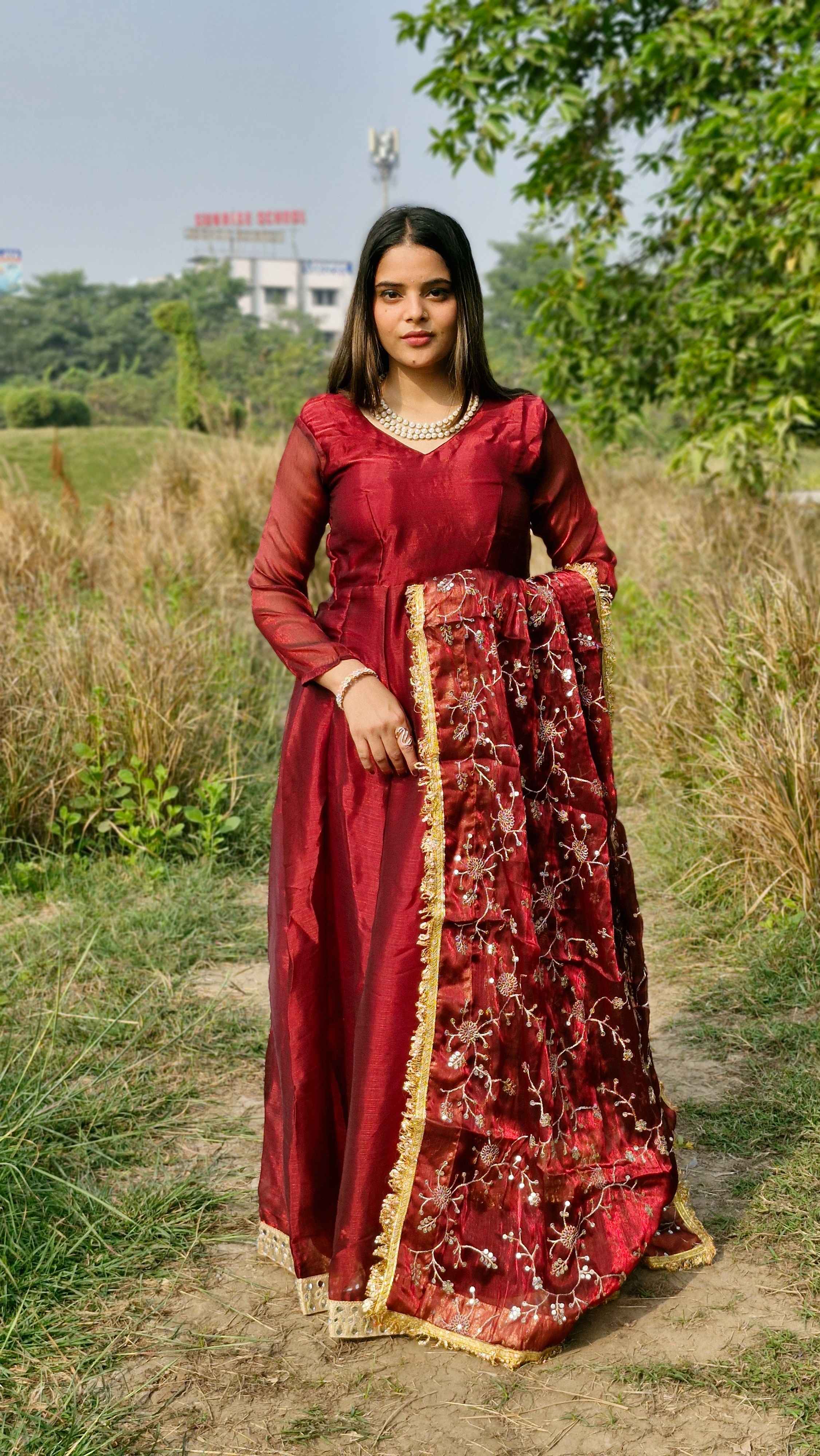 Dazzling Maroon Barbari Silk Embroidery Seuence Designer Anarkali Gown Pant With Dupatta
