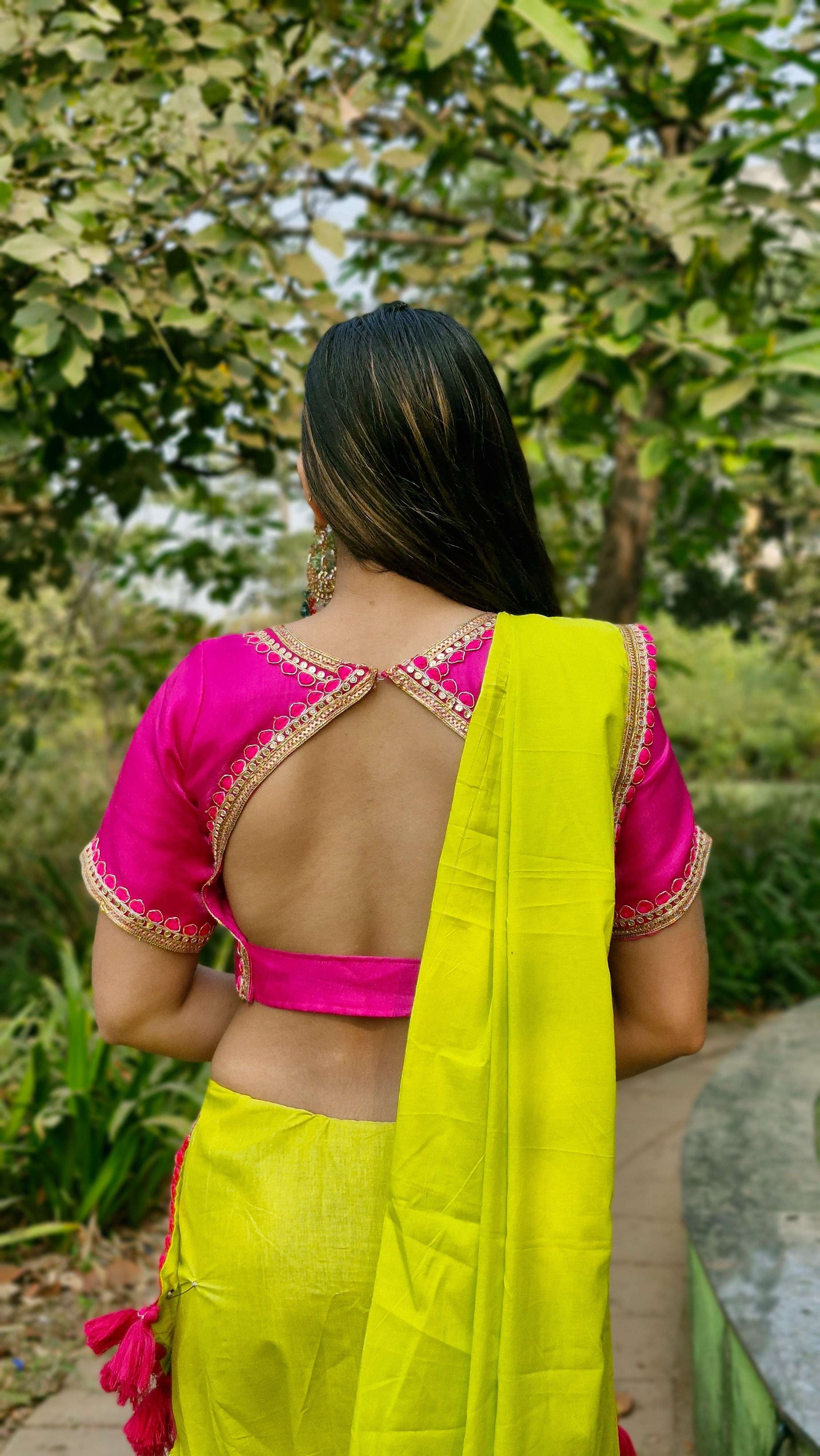 Eye Catching Neon Green Flaxi Cotton Embroidery Festive Wear Saree With Magenta Tassel & Blouse