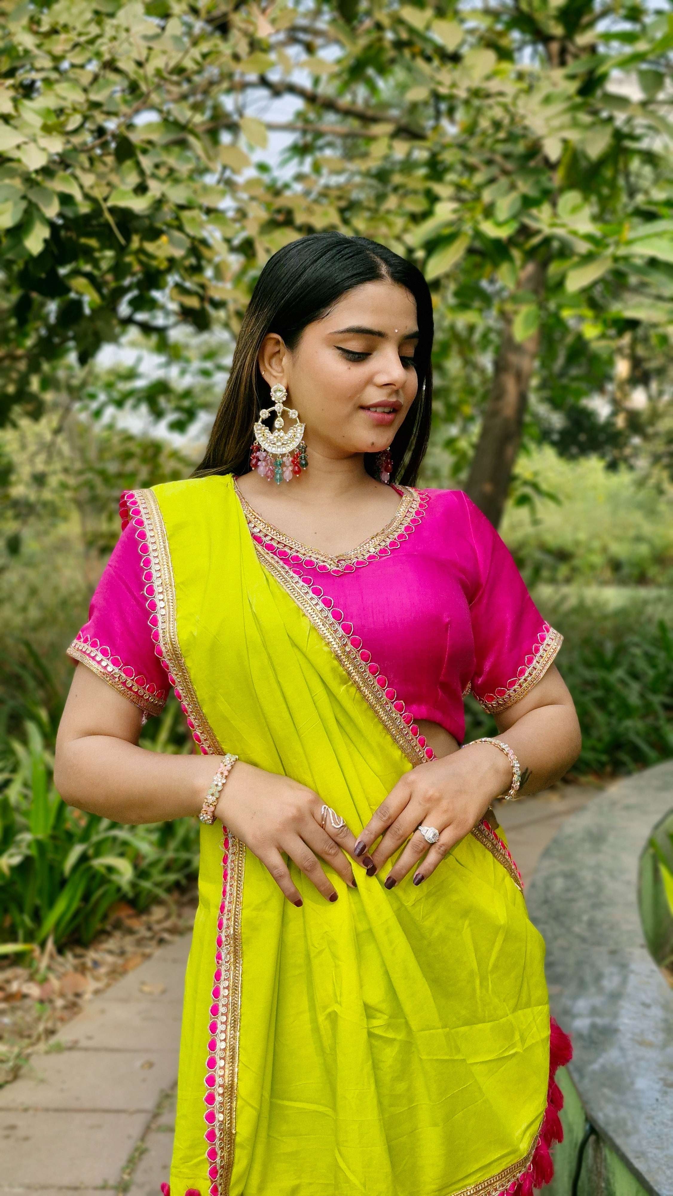 Eye Catching Neon Green Flaxi Cotton Embroidery Festive Wear Saree With Magenta Tassel & Blouse