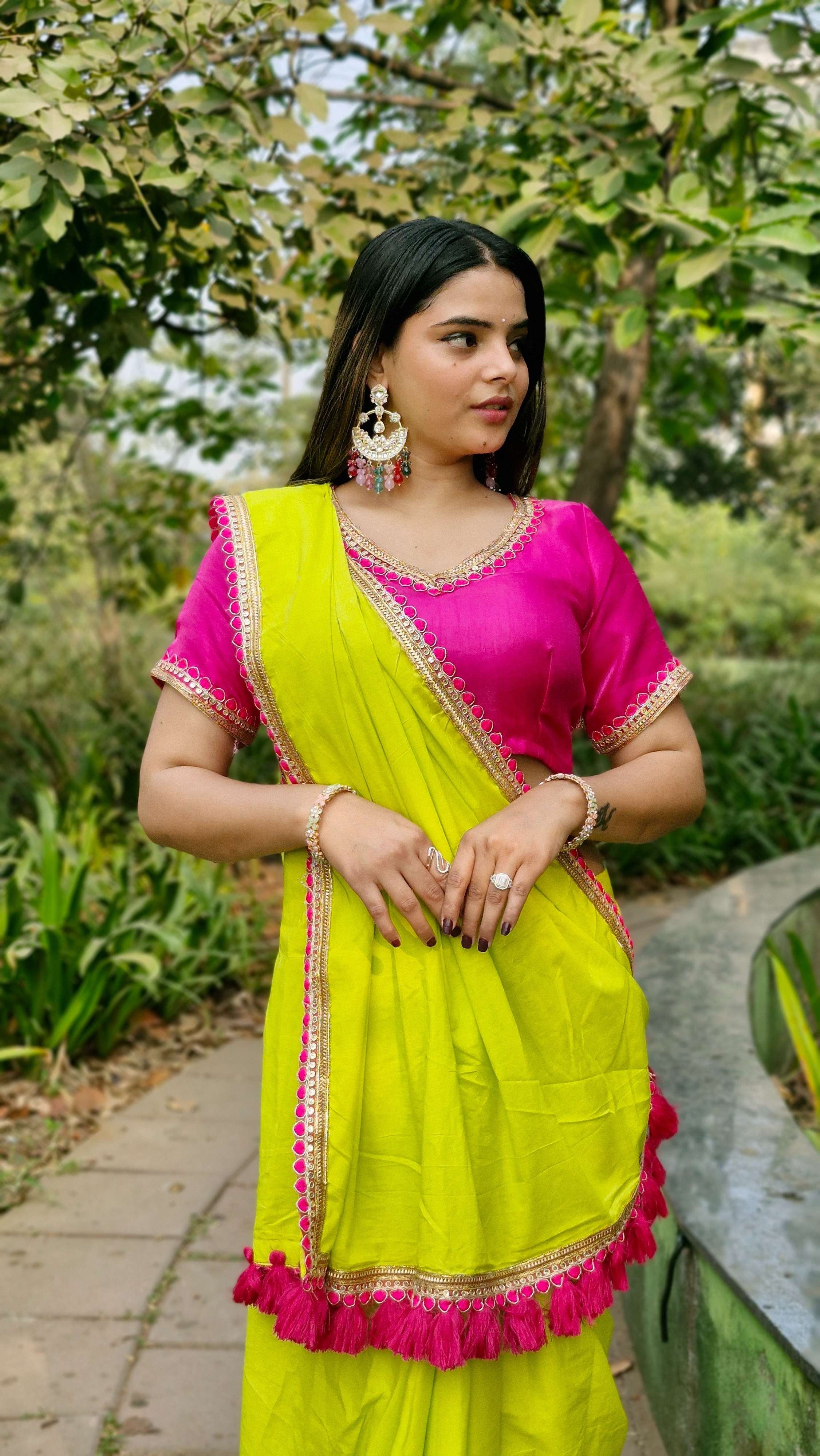 Eye Catching Neon Green Flaxi Cotton Embroidery Festive Wear Saree With Magenta Tassel & Blouse