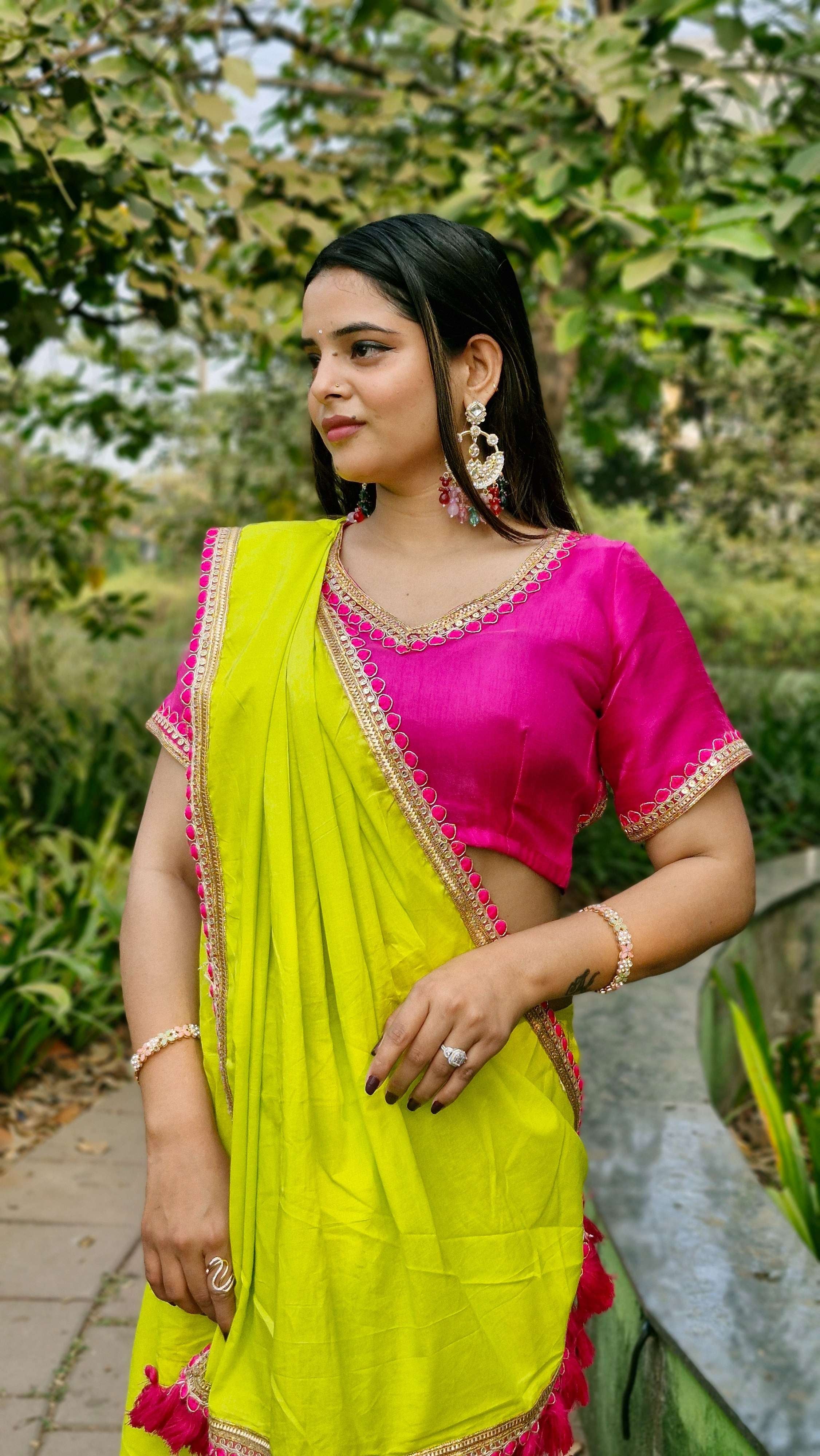 Eye Catching Neon Green Flaxi Cotton Embroidery Festive Wear Saree With Magenta Tassel & Blouse