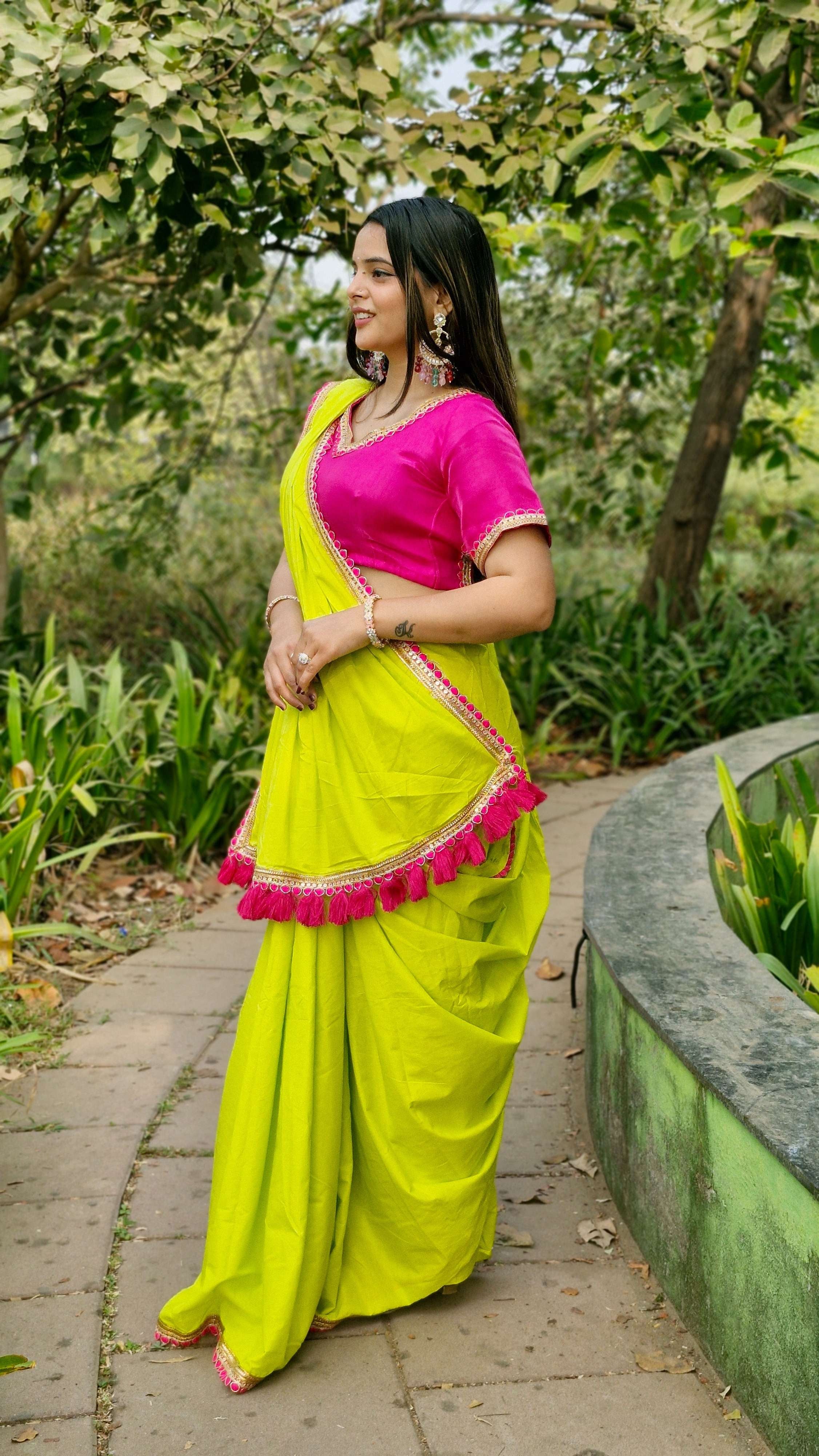 Eye Catching Neon Green Flaxi Cotton Embroidery Festive Wear Saree With Magenta Tassel & Blouse