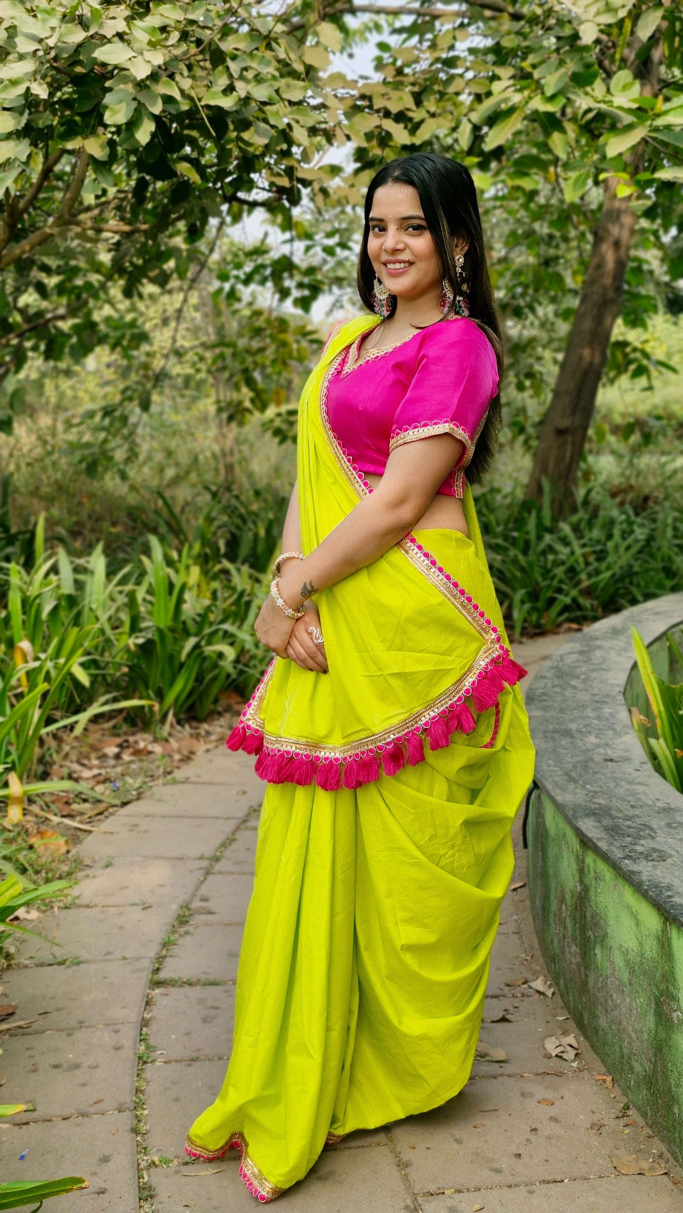 Eye Catching Neon Green Flaxi Cotton Embroidery Festive Wear Saree With Magenta Tassel & Blouse